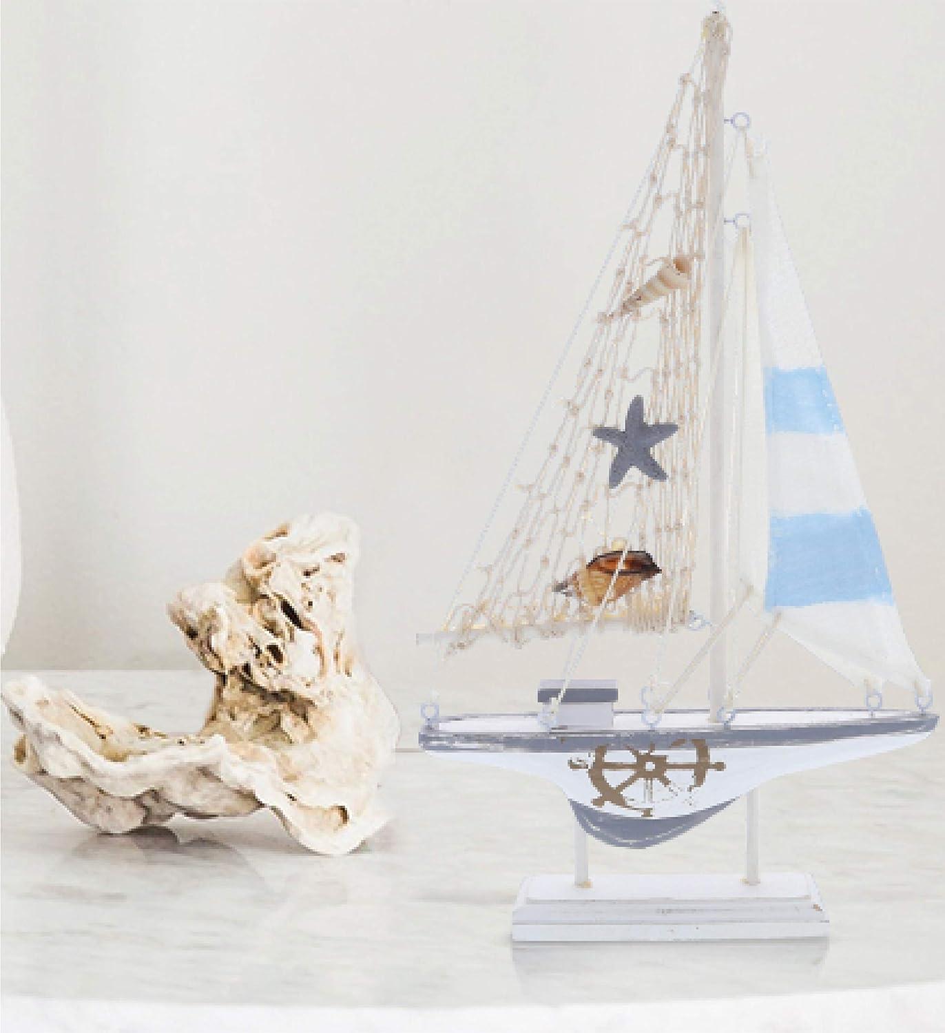 Handmade Wooden Nautical Sailboat Figurine with Seashells