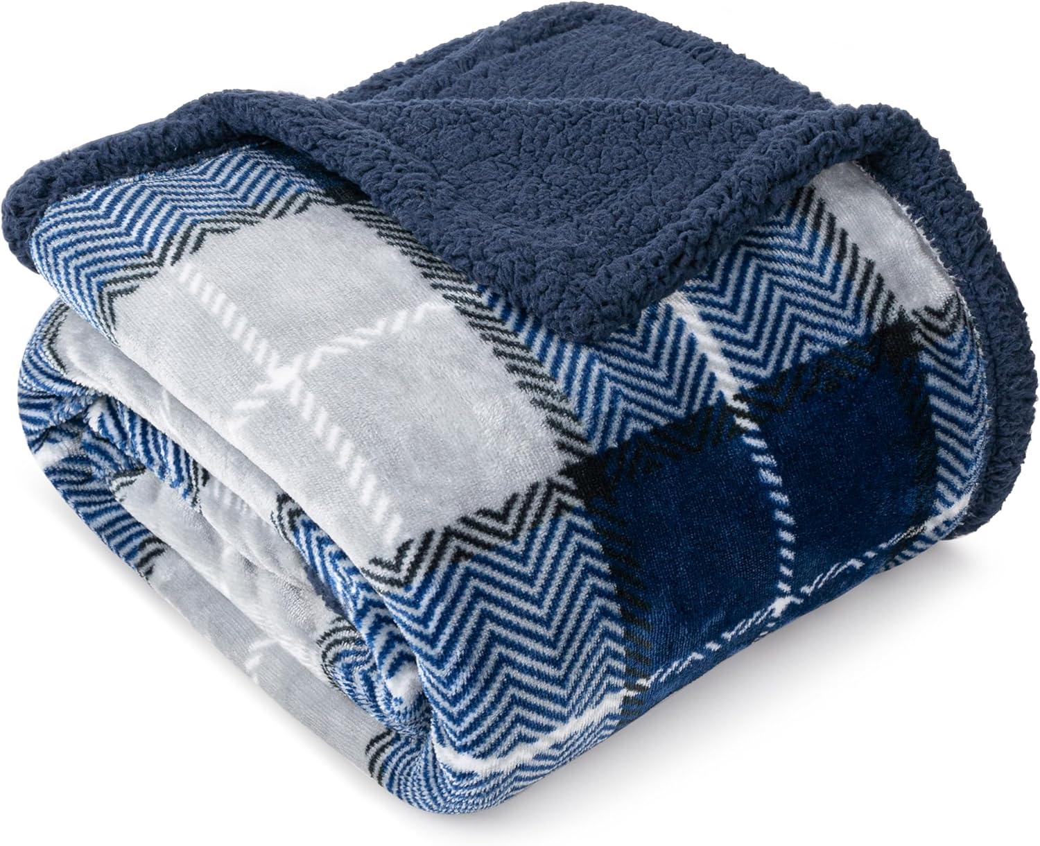 Navy Plaid Twin Reversible Sherpa Fleece Blanket