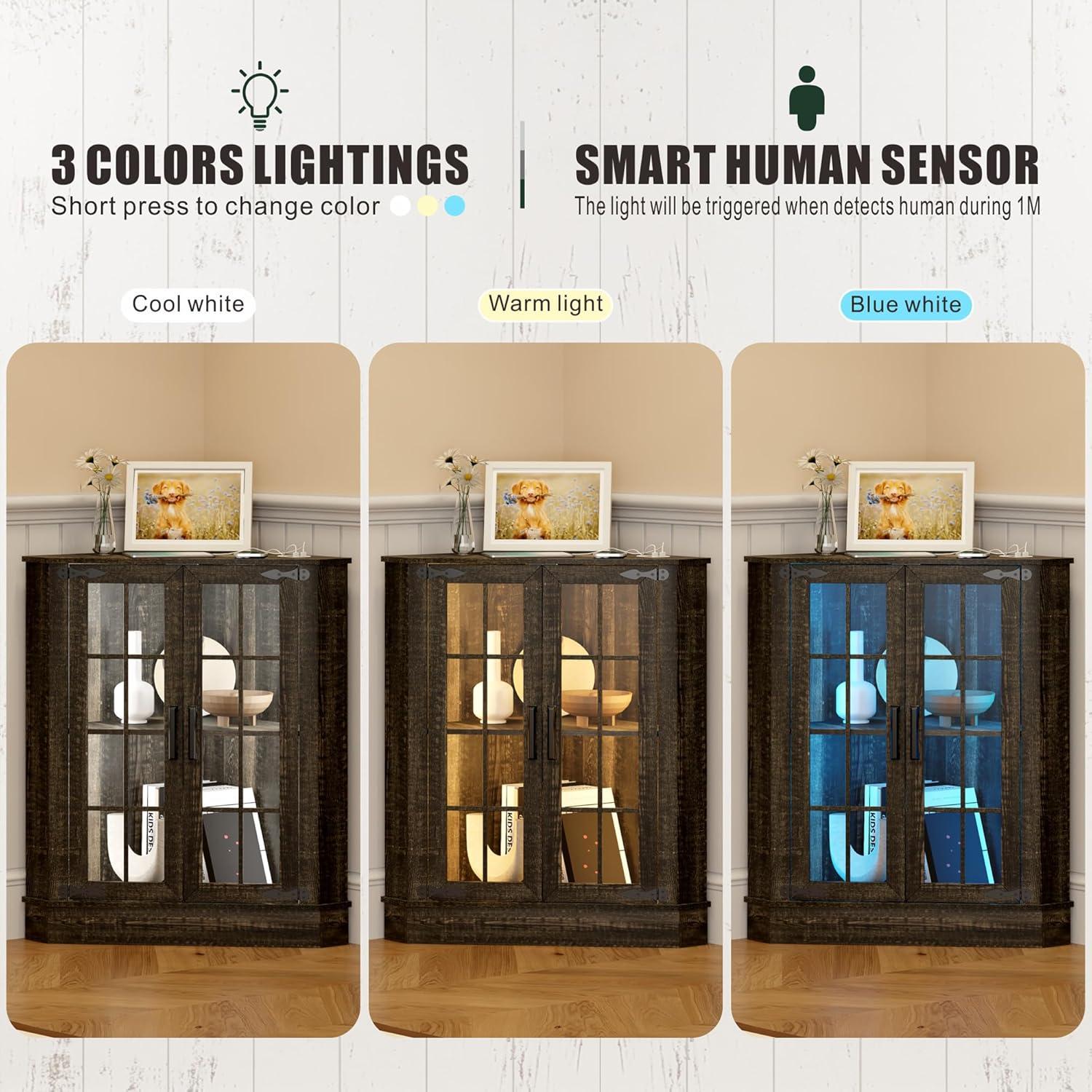 Farmhouse Corner Cabinet with LED Light, Small Bathroom Cabinet with 2 Doors, Free Standing Home Floor Corner Storage Cabinet for Laundry Room, Living Room or Kitchen, Rustic Brown