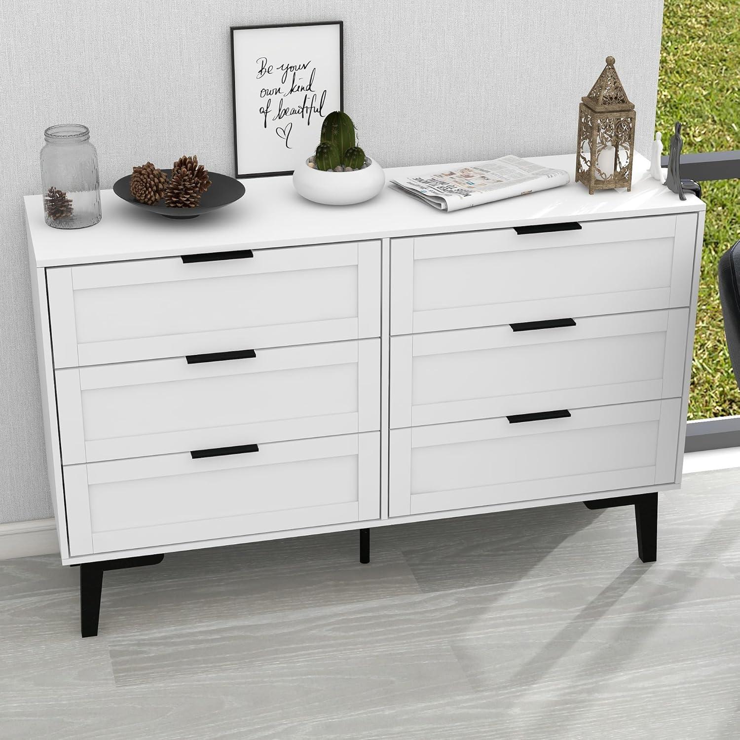 Topcobe 6-Drawer Wide Chest of Drawers, Storage Drawer Organizer, Traditional Bedroom Dresser, Sideboard Buffet for Living Room, White