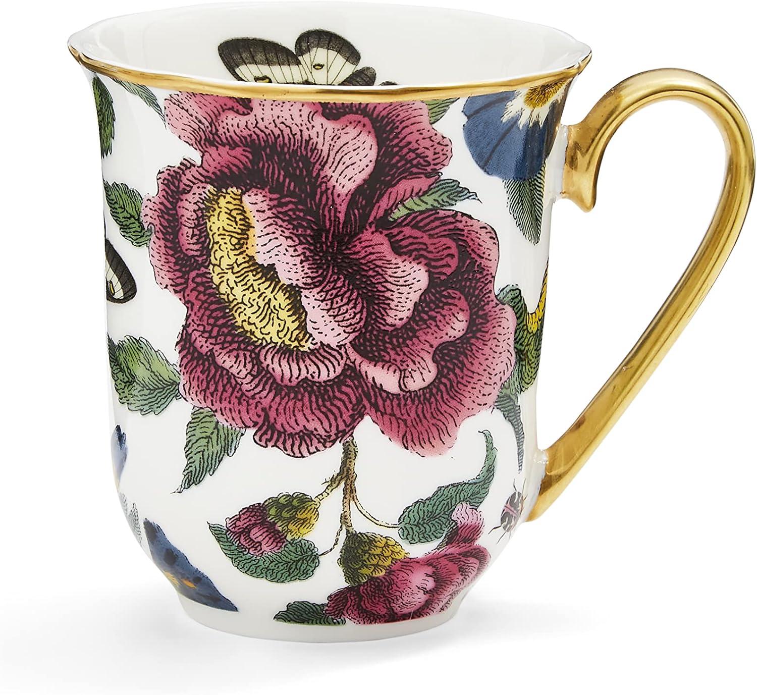 White Floral Ceramic Mug with Gold Handle, 12 Ounce