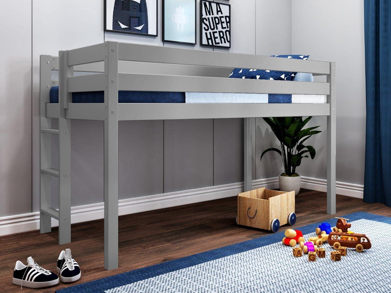 JACKPOT! Contemporary Low Loft Twin Bed with an End Ladder, Gray with Blue & White Tent