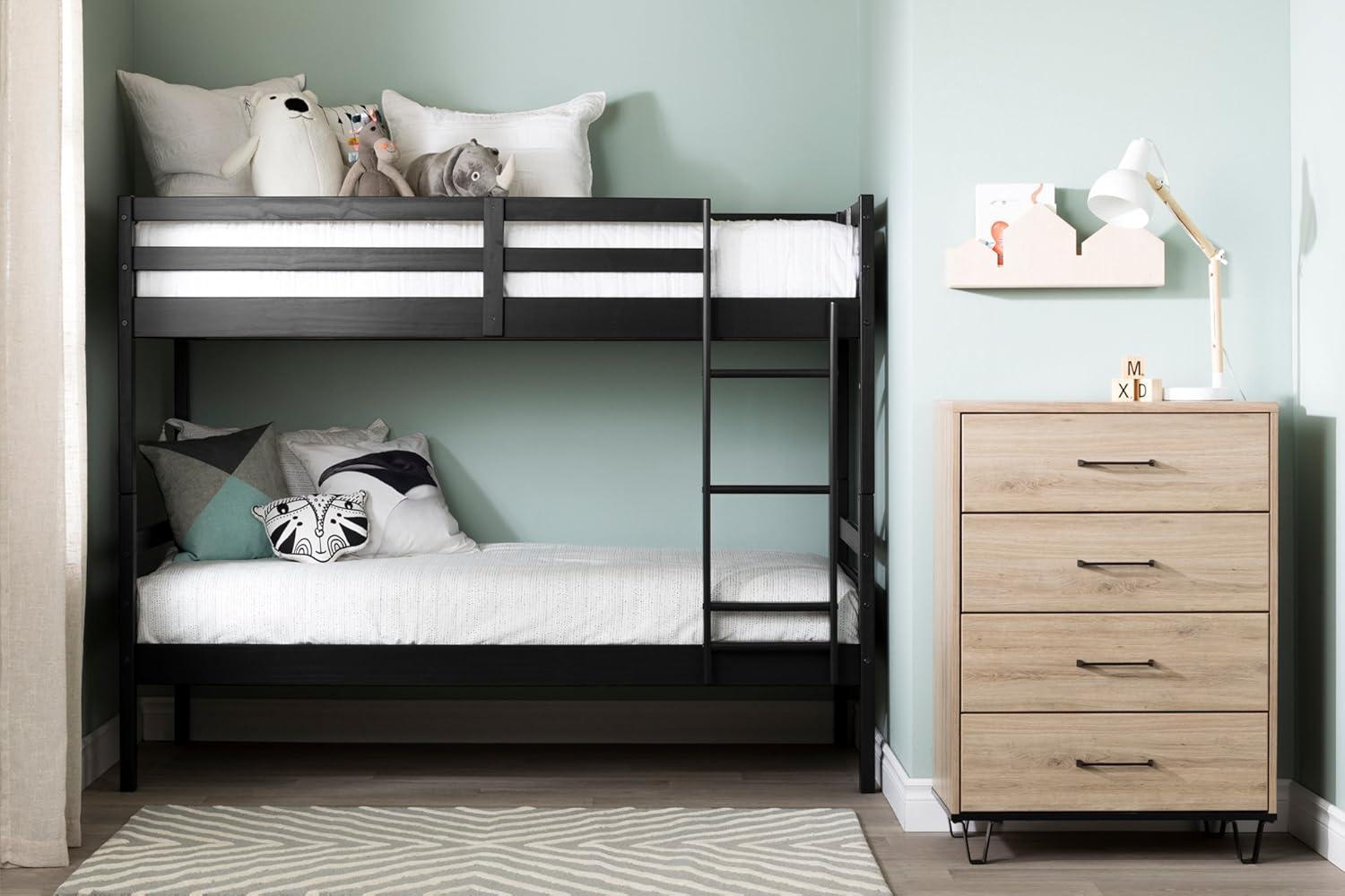 Twin Matte Black Pine Wood Bunk Bed Frame with Headboard