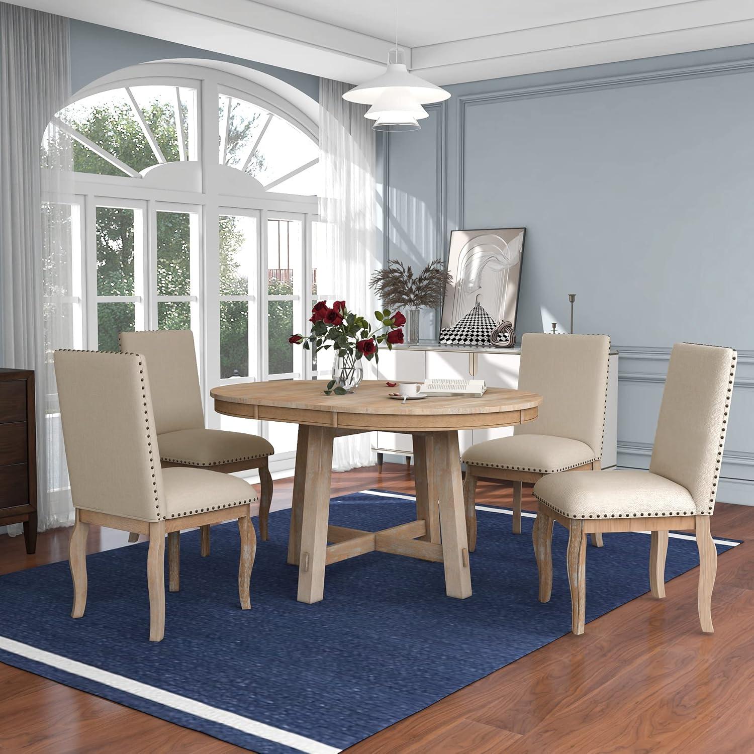 Natural Wood Wash Extendable Round Dining Table Set with Upholstered Chairs