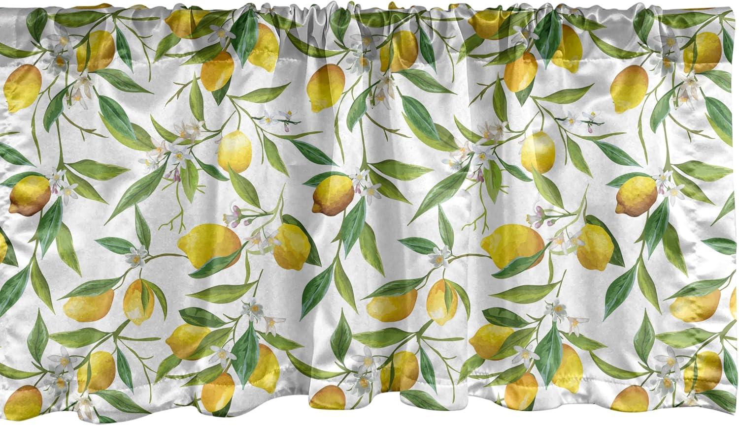 Ambesonne Nature Window Valance, Lemon Woody Romantic, 54" X 18", Fern Green Yellow White