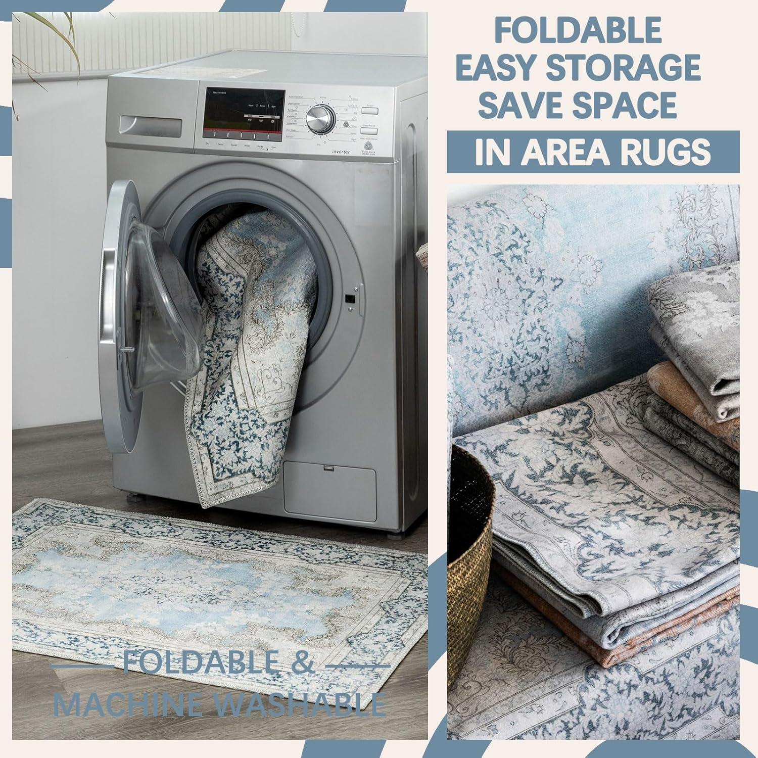 DECOMALL FEAONA Blue Oriental Machine Washable and Foldable Area Rug