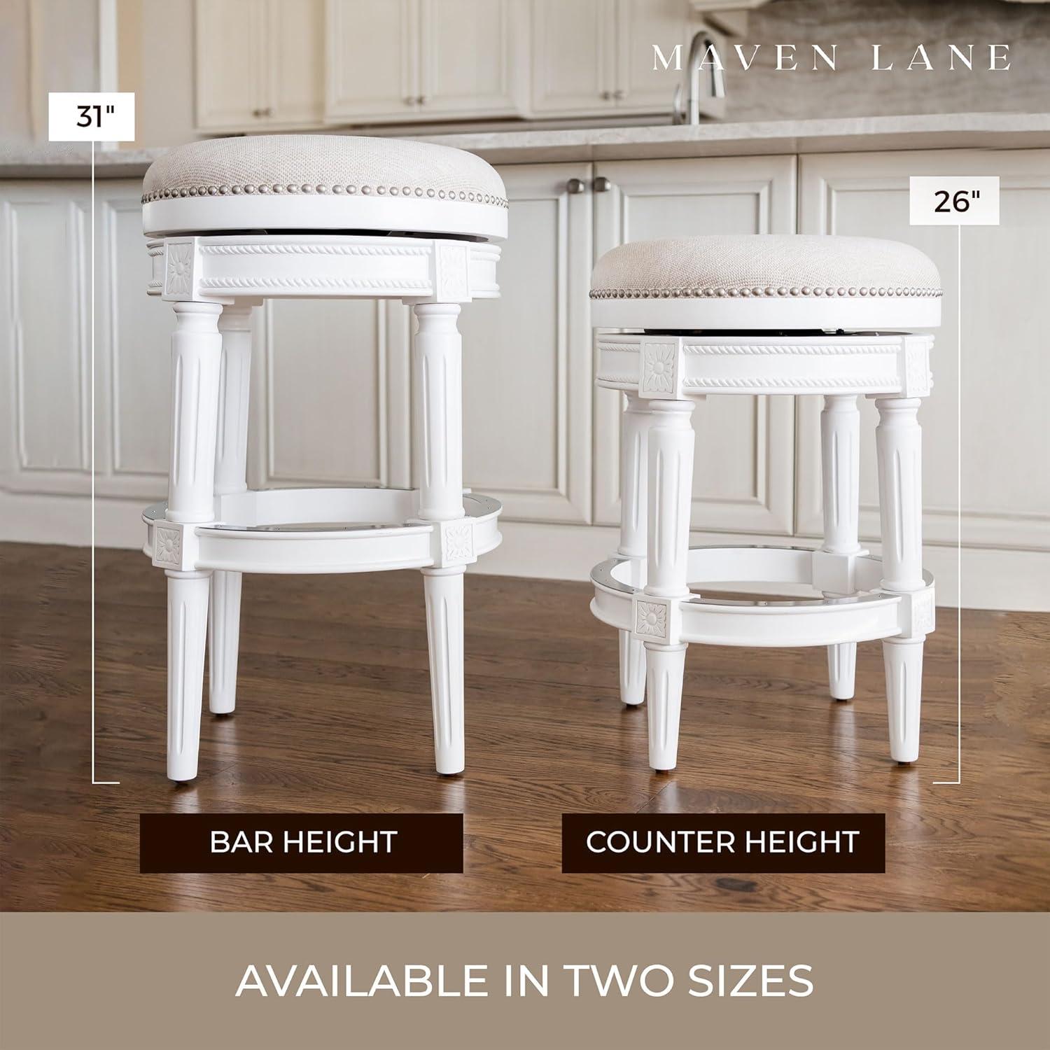 Maven Lane Pullman 31 Inch Tall Backless Alabaster White Finish Bar Height Upholstered Barstool with Cream Fabric Cushion Seat, Set of 3