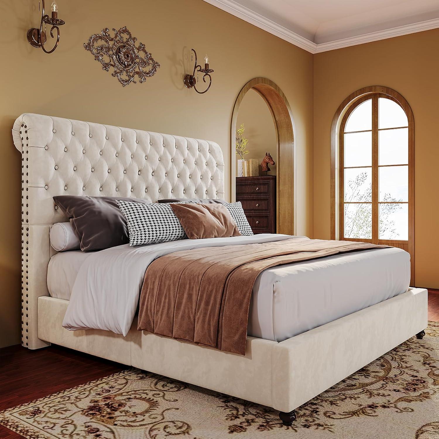 King Velvet Upholstered Platform Bed with Tufted Headboard and Nailhead Trim