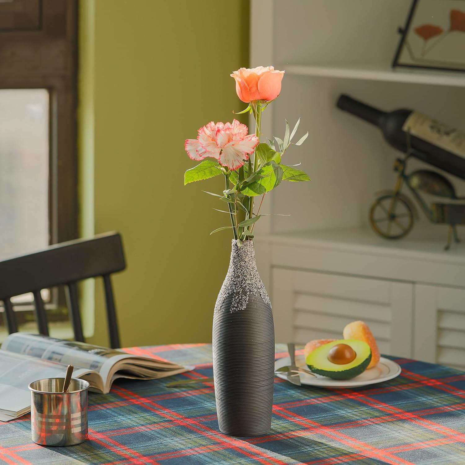 Uniquewise 9 Inch Modern Decorative Ceramic Table Vase Ripped Design Bottle Shape Flower Holder, Black