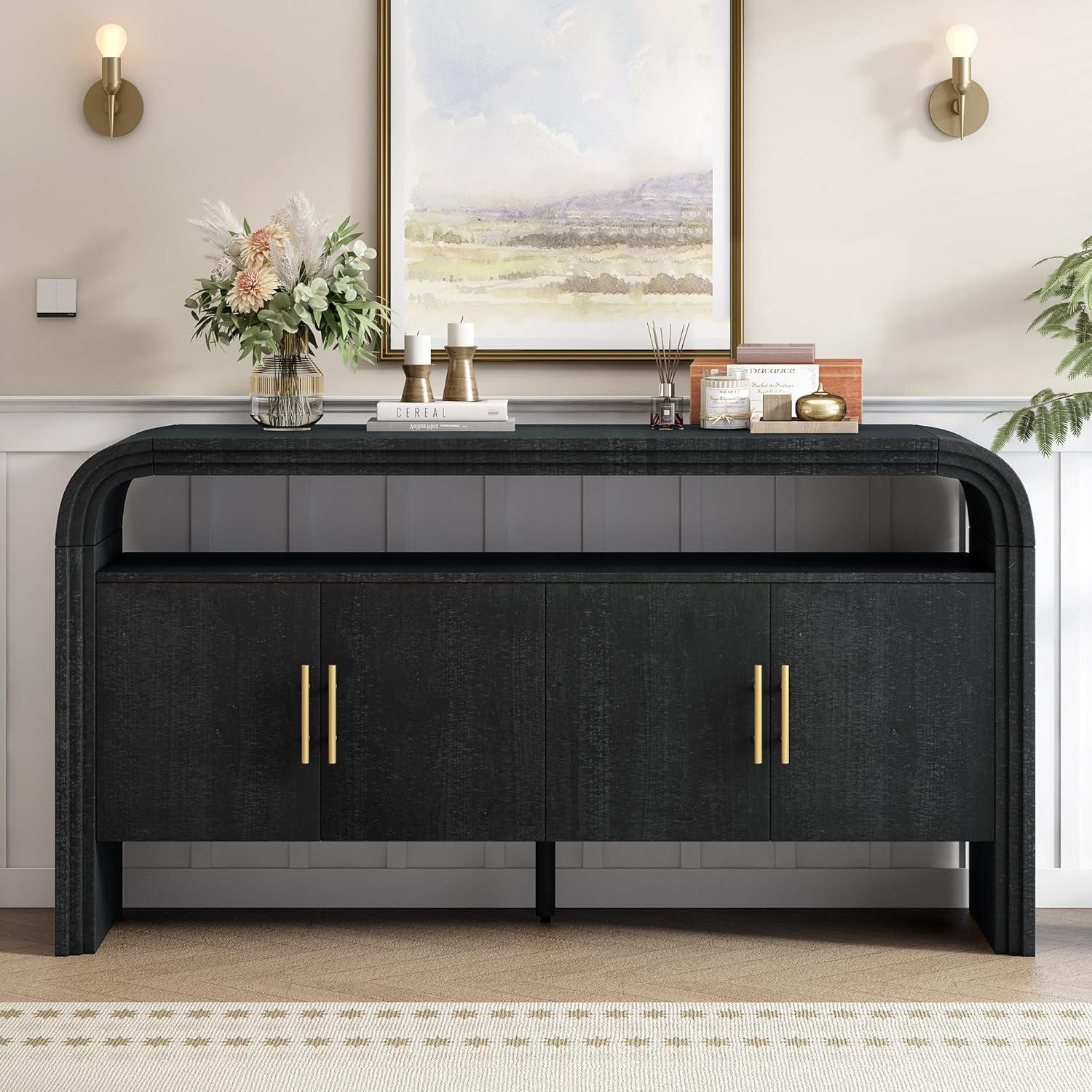 Unique Retro Curved Sideboard with 4 Doors and Treated Fir Veneer, Wood Accent Entryway Console Table Storage Cabinet for Hallway Living Room Foyer Corridor (Natural-12.31)