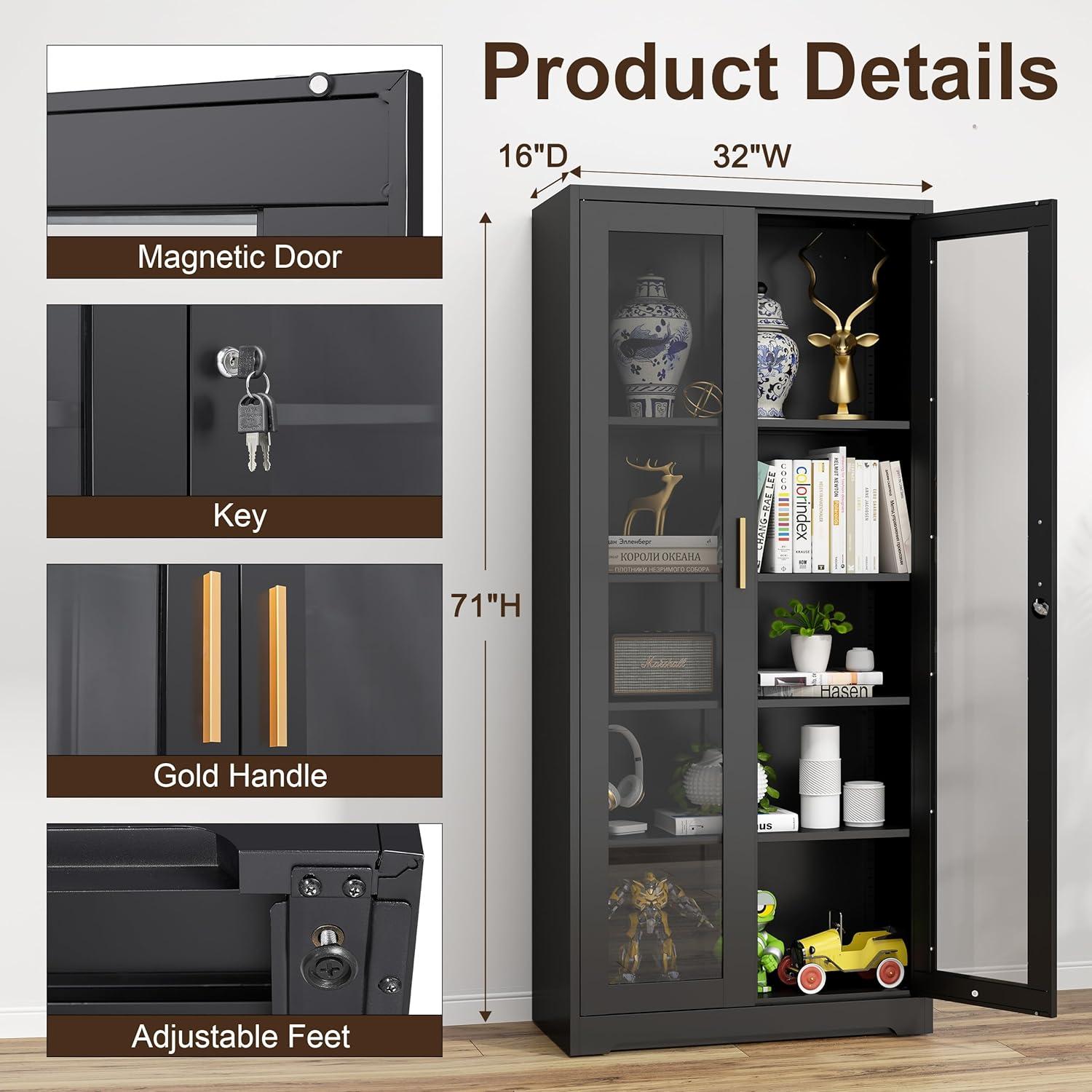 Display Cabinet With Glass Doors, Curio Cabinets With 4 Adjustable Shelves, Locking Glass Cabinet Display Case For Home, Office, Clinic, Pantry, Assemble Required