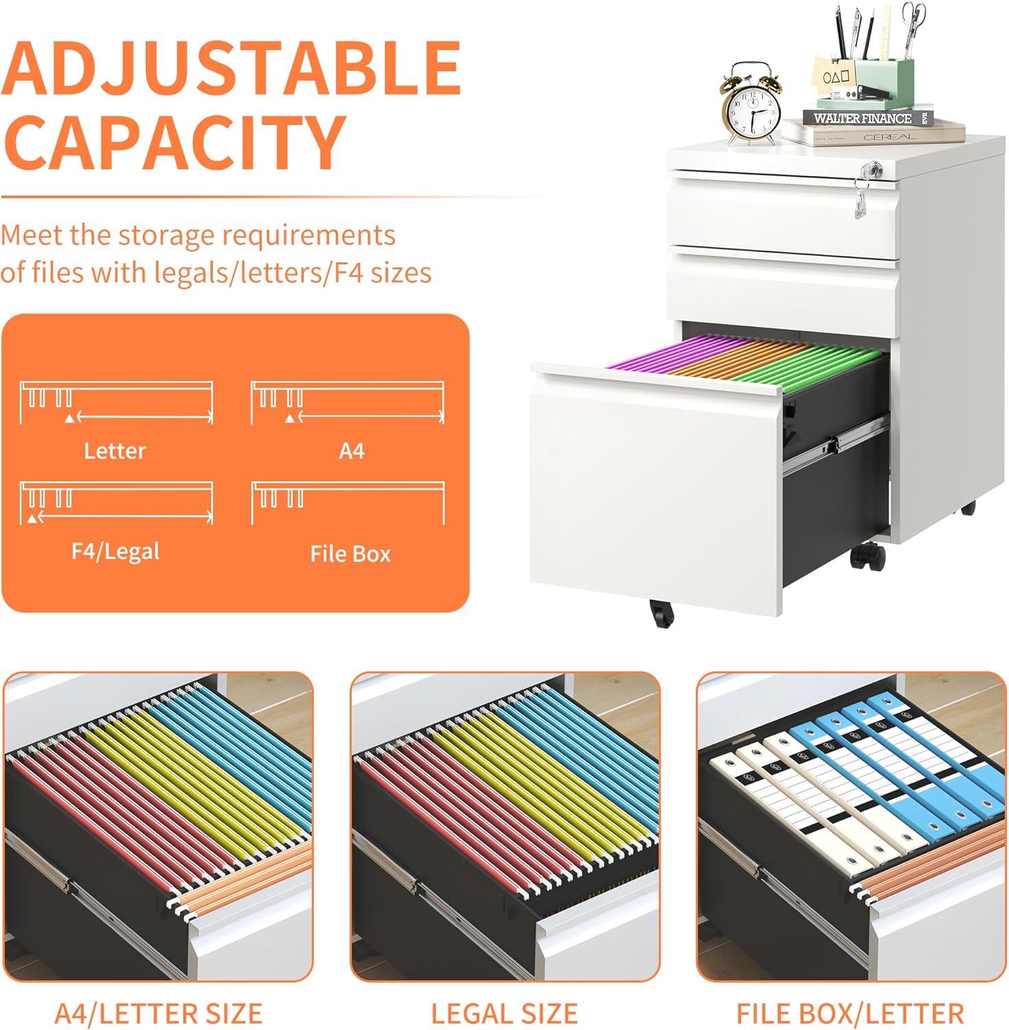 SYNGAR 3 Drawer File Cabinet with Lock, Mobile Printer Stand with 5 Wheels, Under Desk Metal Filing Cabinet fits A4 File/Letter/Legal for Home Office, Fully Assembled, White, D8952