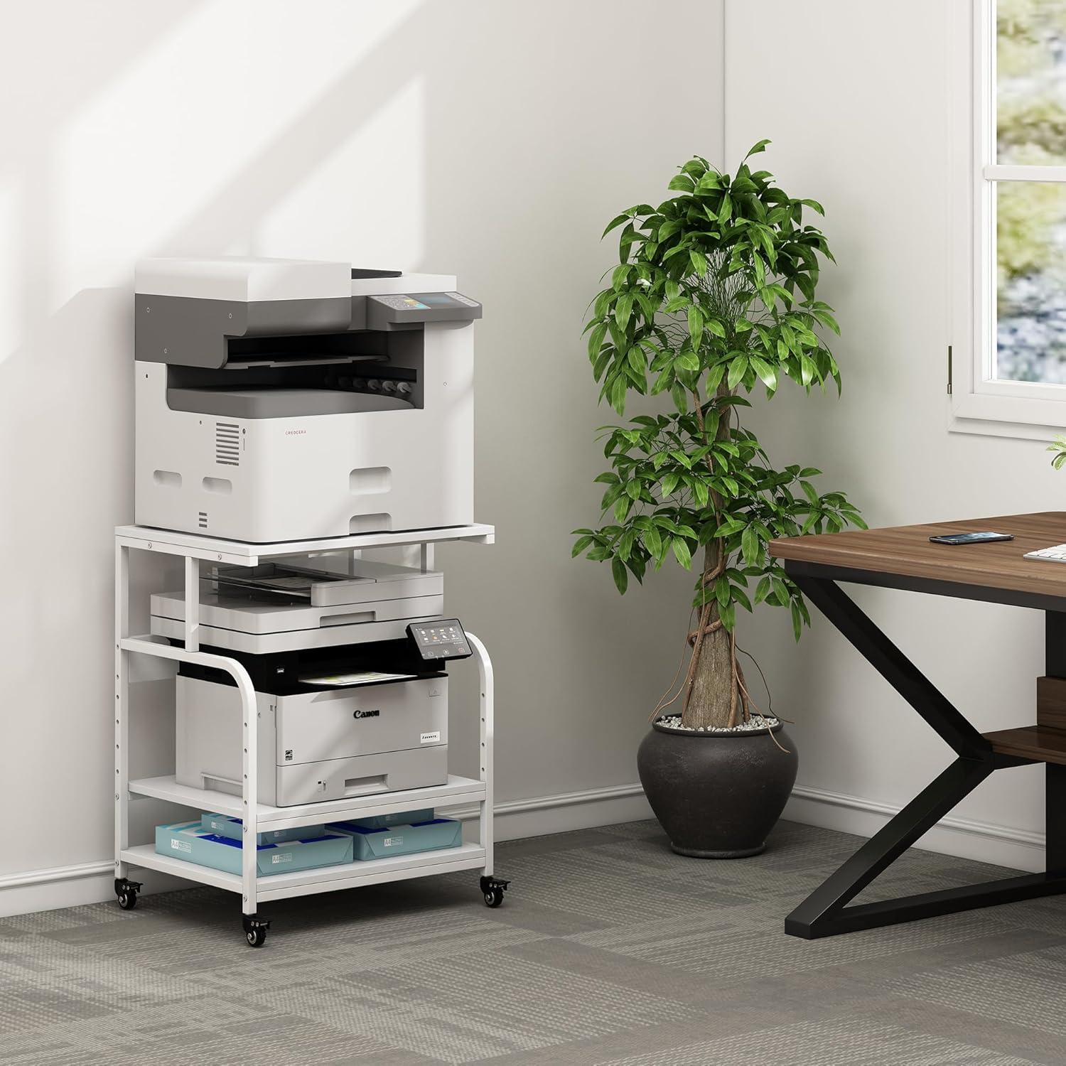 Printer Table, 23.6 x18.9 x 29.5 Inches Large Printer Stand with Height Adjustable Storage Shelf, 3 Tier Rolling Printer Cart Furniture with Wheels for Home Office, White & Black