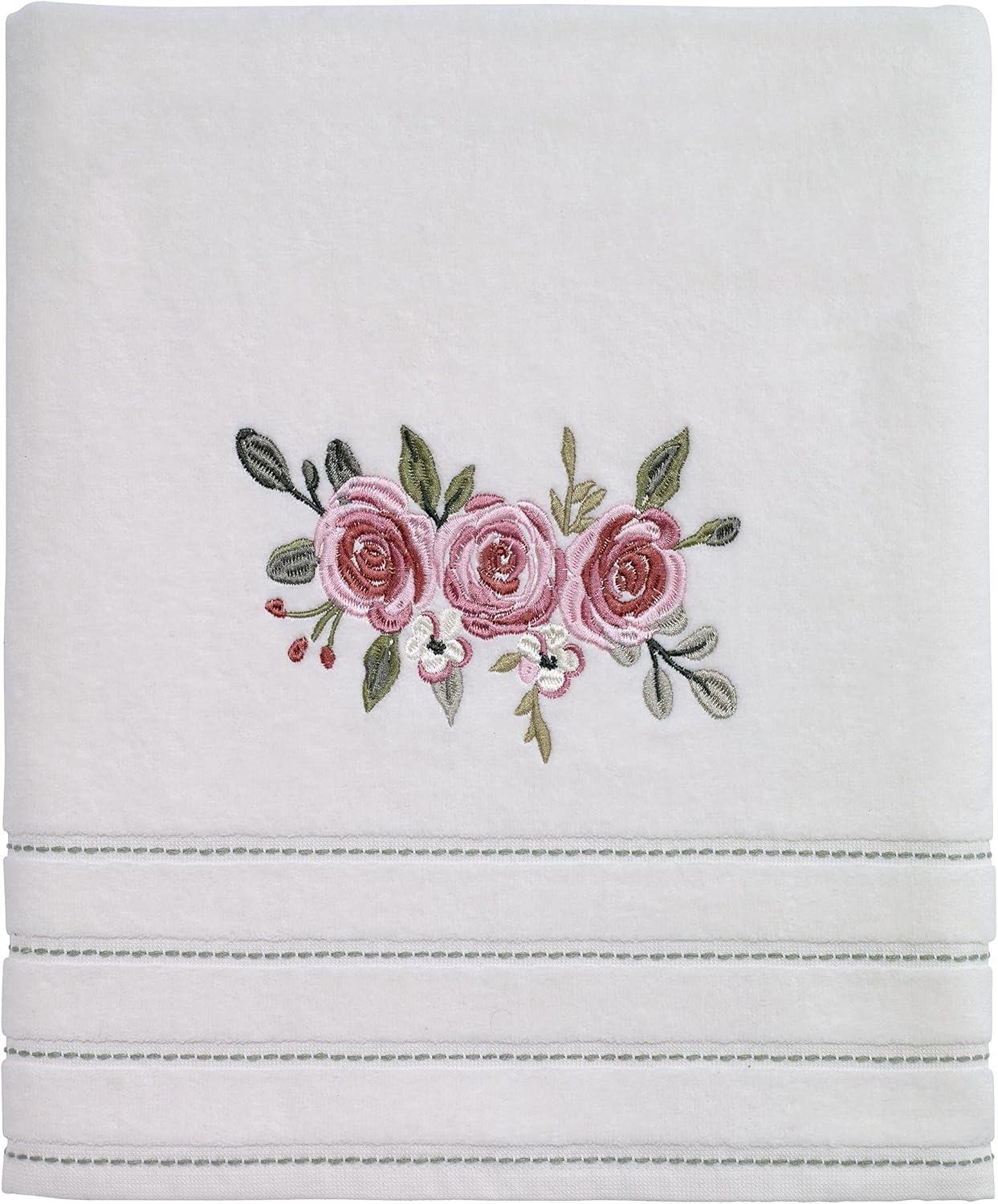 Ivory Cotton Bath Towel Set with Embroidered Peonies