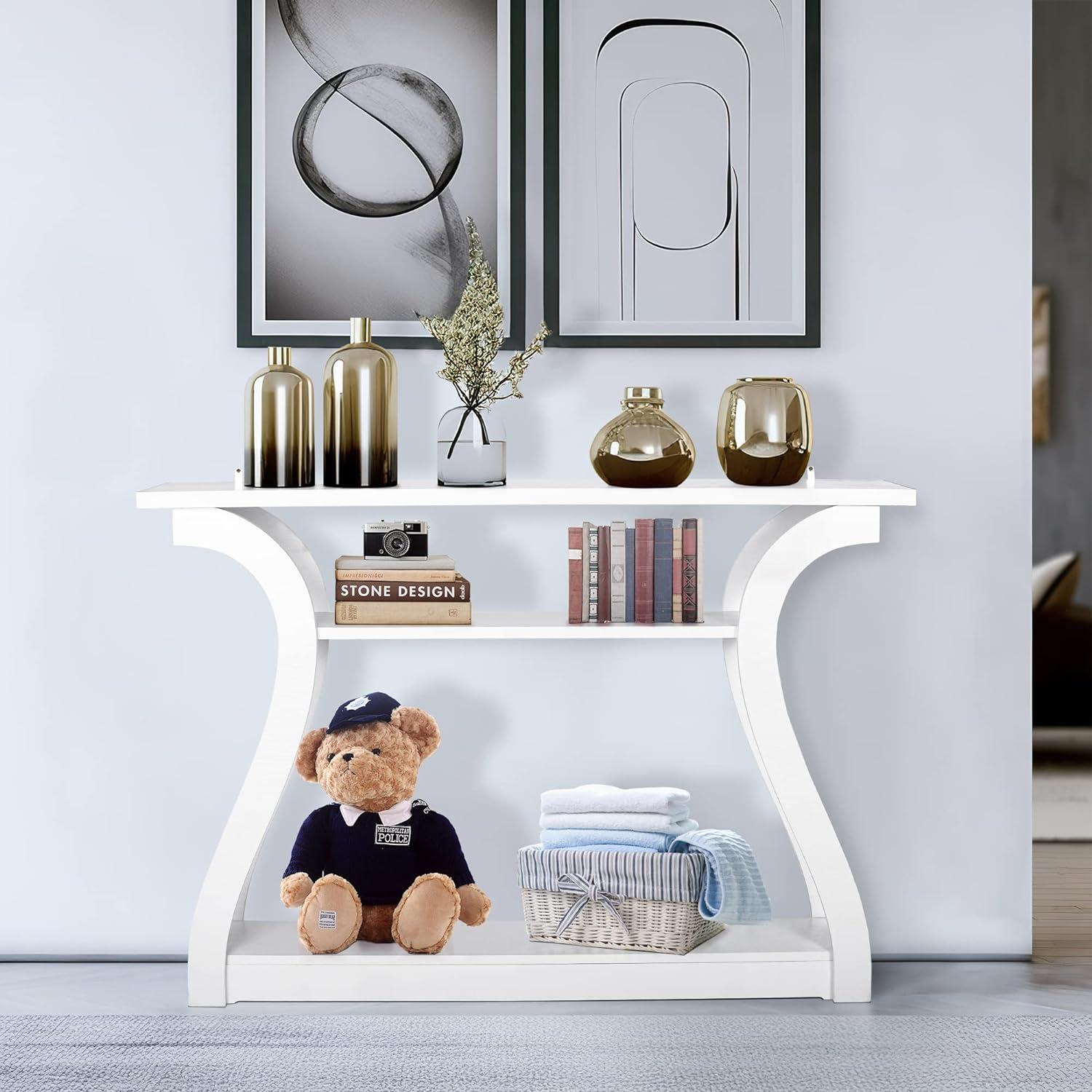 White MDF Console Table with Curved Legs and Shelves