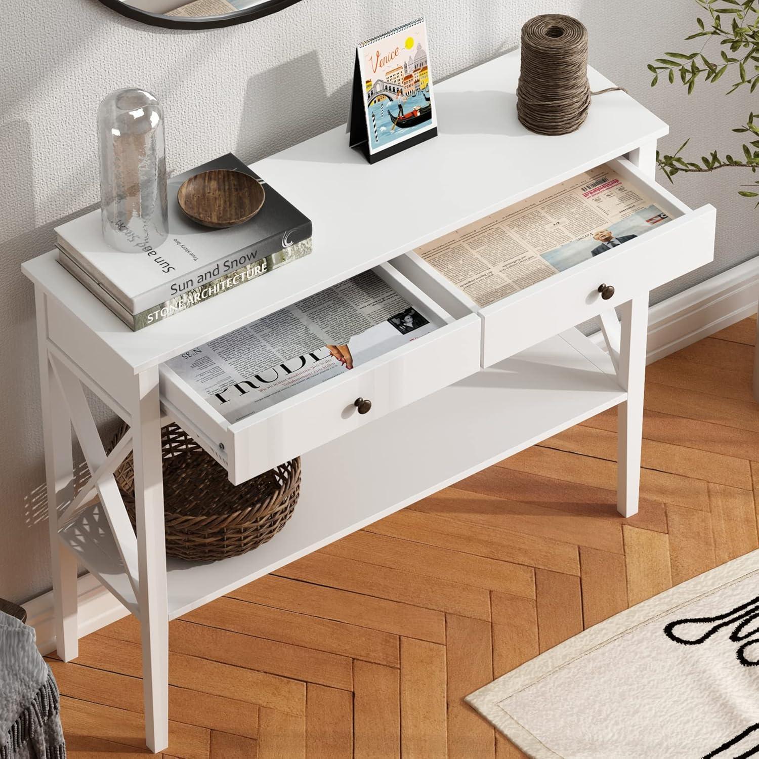 White and Dark Brown Rectangular Console Table with Drawers and Shelf