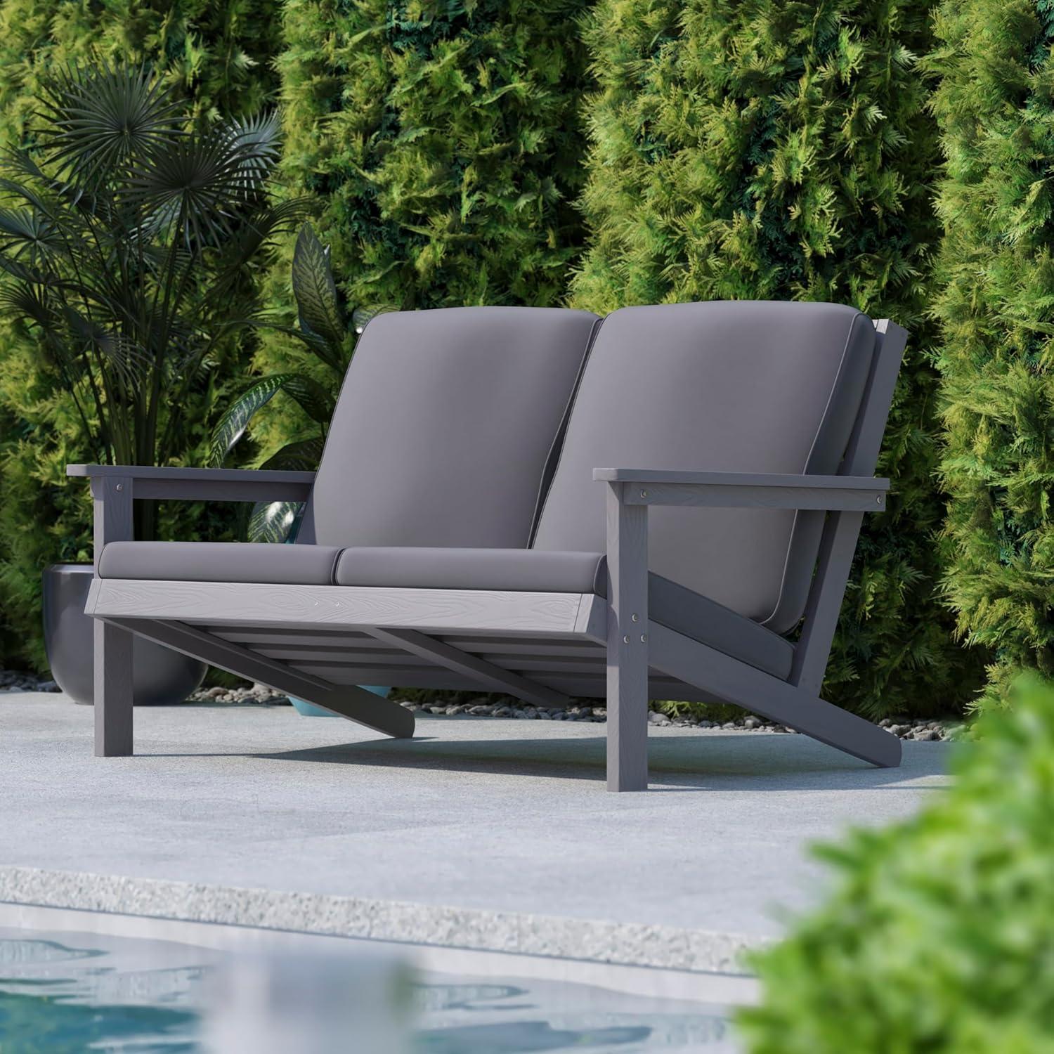 Flash Furniture Charlestown All-Weather Poly Resin Wood Adirondack Style Deep Seat Patio Loveseat with Cushions, Gray/Gray