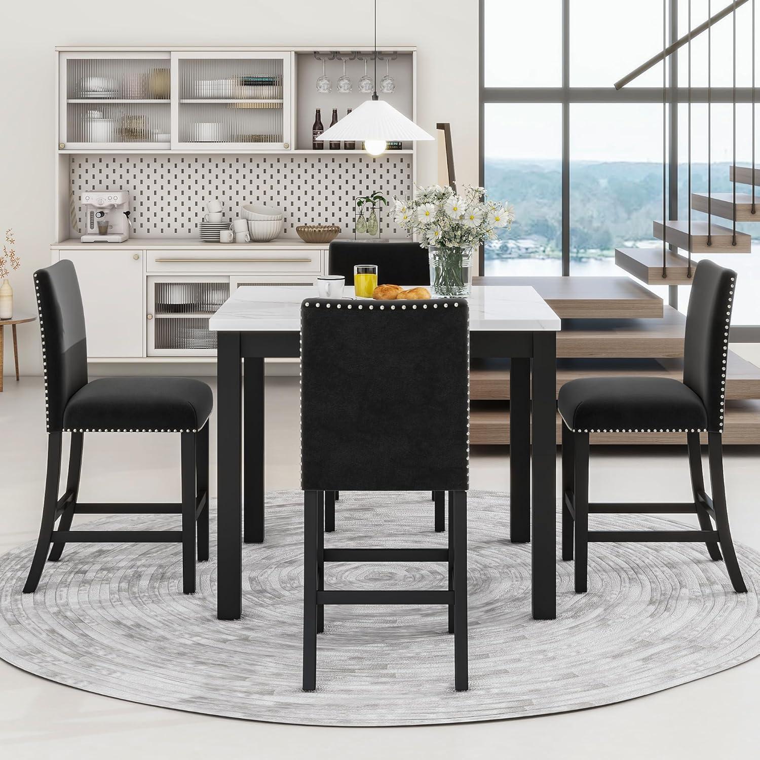 Miekor Furniture 5-piece Counter Height Dining Table Set with One Faux Marble Top Dining Table and Four Velvet-Upholstered Chairs,Black W4US0140