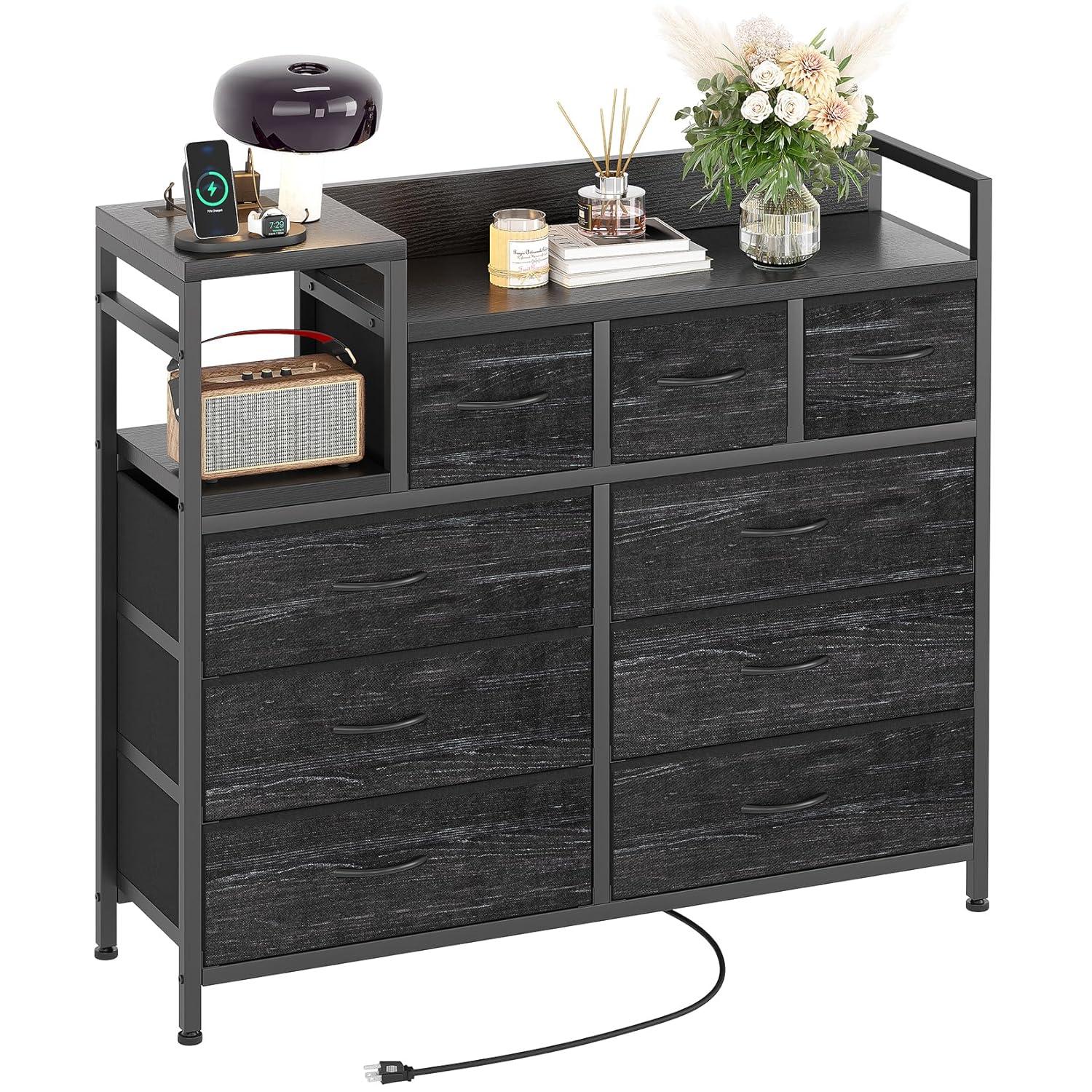 TROPOW TV Stand with Charging Station, Bedroom Dresser for Living Room TV Stand with 9 Drawers, Vintage,Black