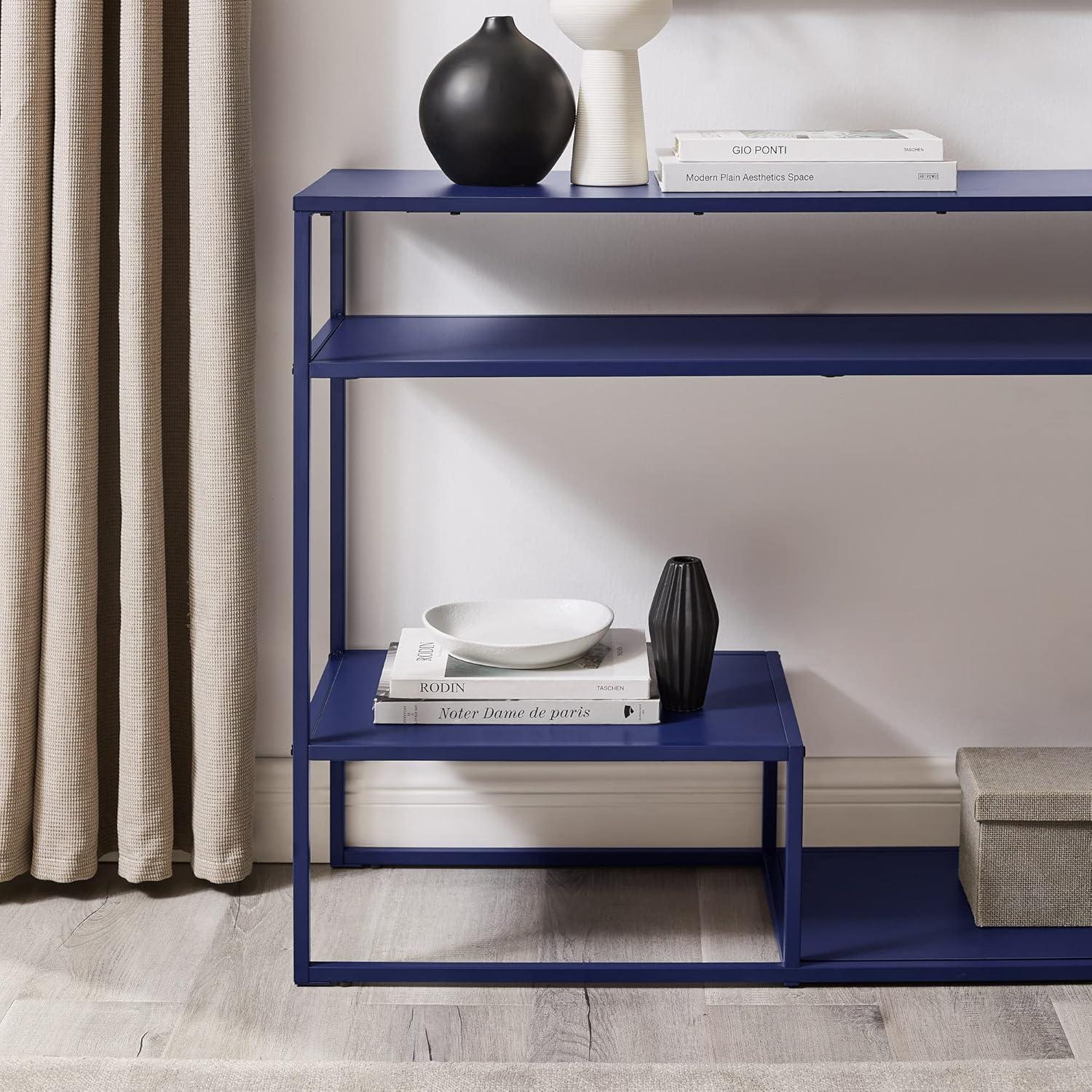 42" Metal and Wood Console Table with Tiered Shelves - Blue