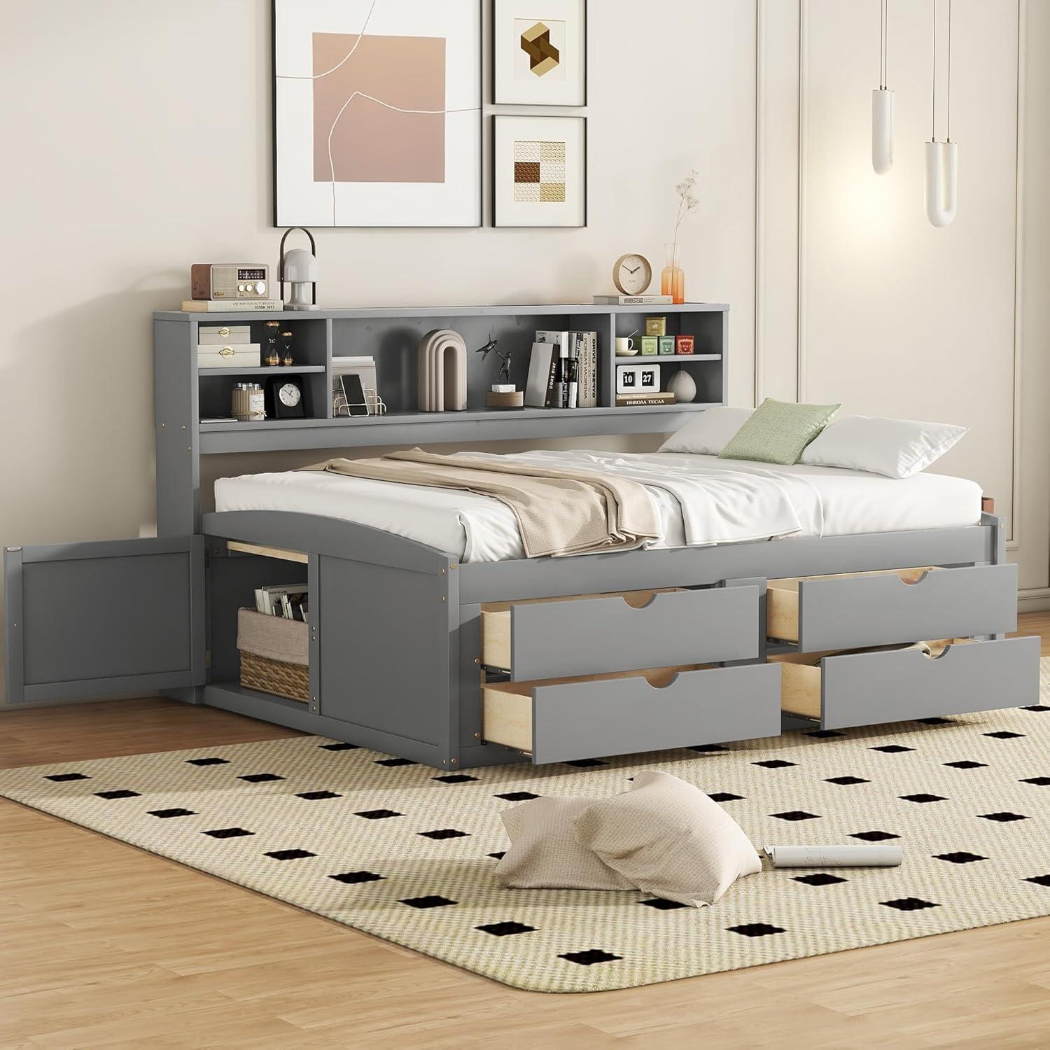 Gray Full Size Pine Wood Daybed with Storage Drawers and Shelves