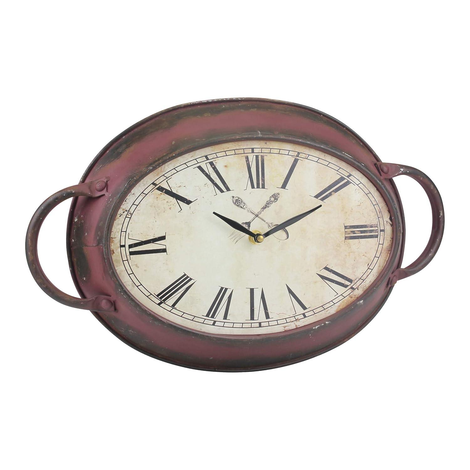 16.5" Red Rustic Metal Oval Wall Clock with Roman Numerals