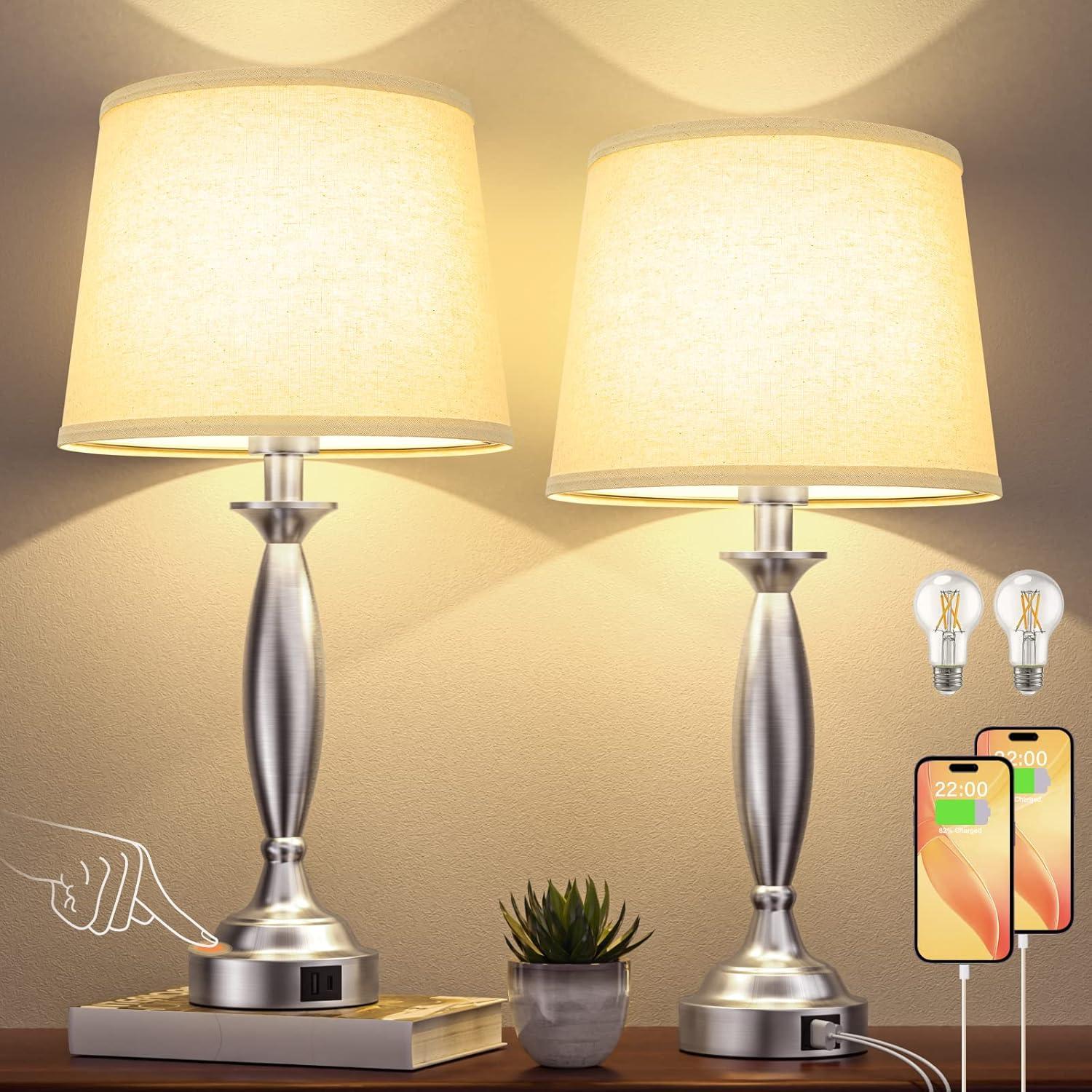 Beige 3-Way Touch Control Table Lamps with USB Ports, Set of 2