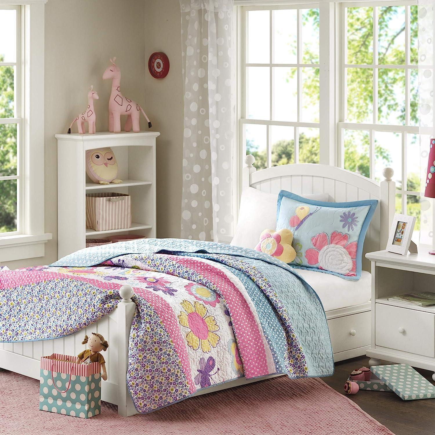 Blue and Pink Reversible Microfiber Twin Quilt Set