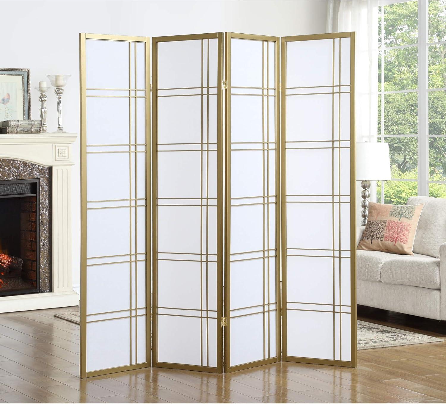 Roundhill Furniture Seto Rice Paper and Wood 4-Panel Room Divider Screen Gold