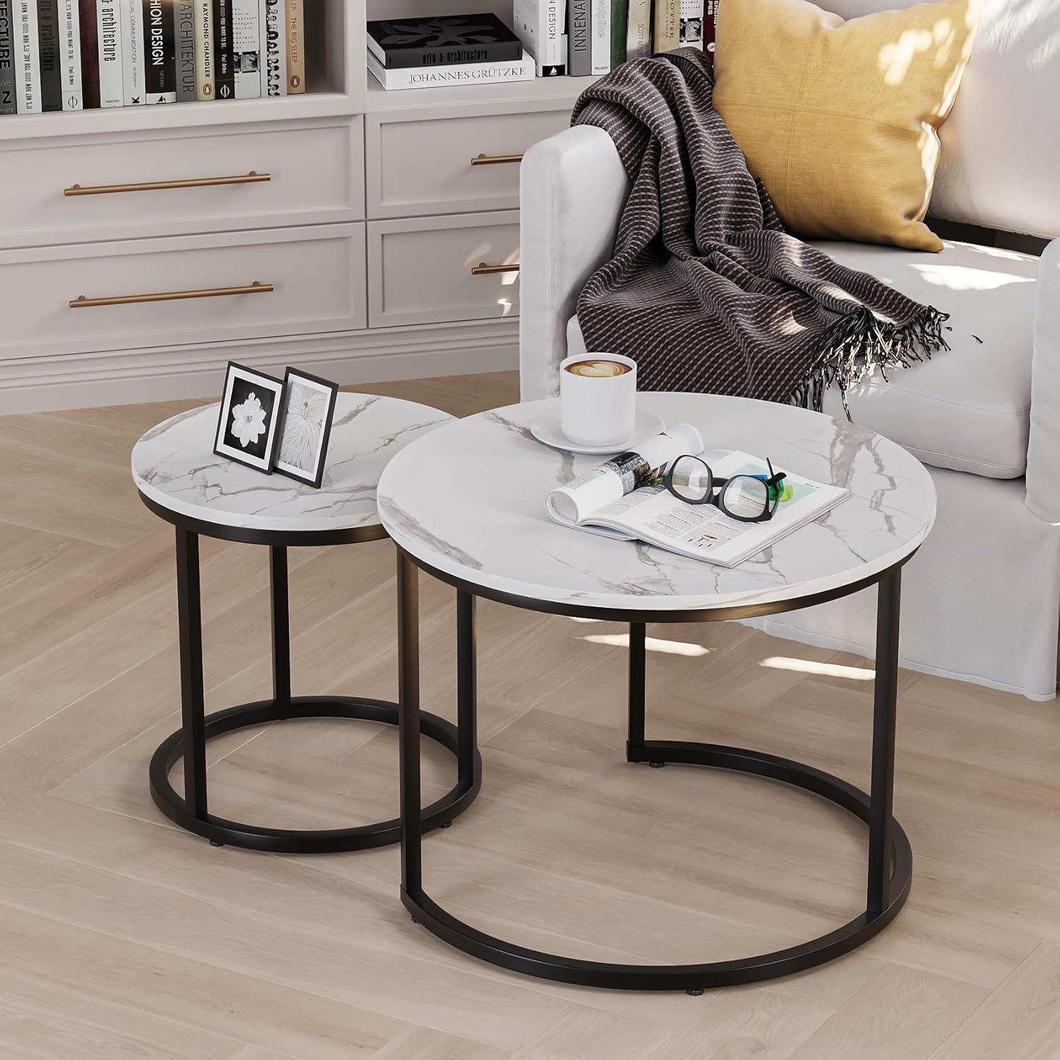 White Nesting Coffee Table Set of 2, 23.6" Round Coffee Table Wood Grain Top with Adjustable Non-Slip Feet, Industrial End Table Side Tables for Living Room Bedroom Balcony Yard