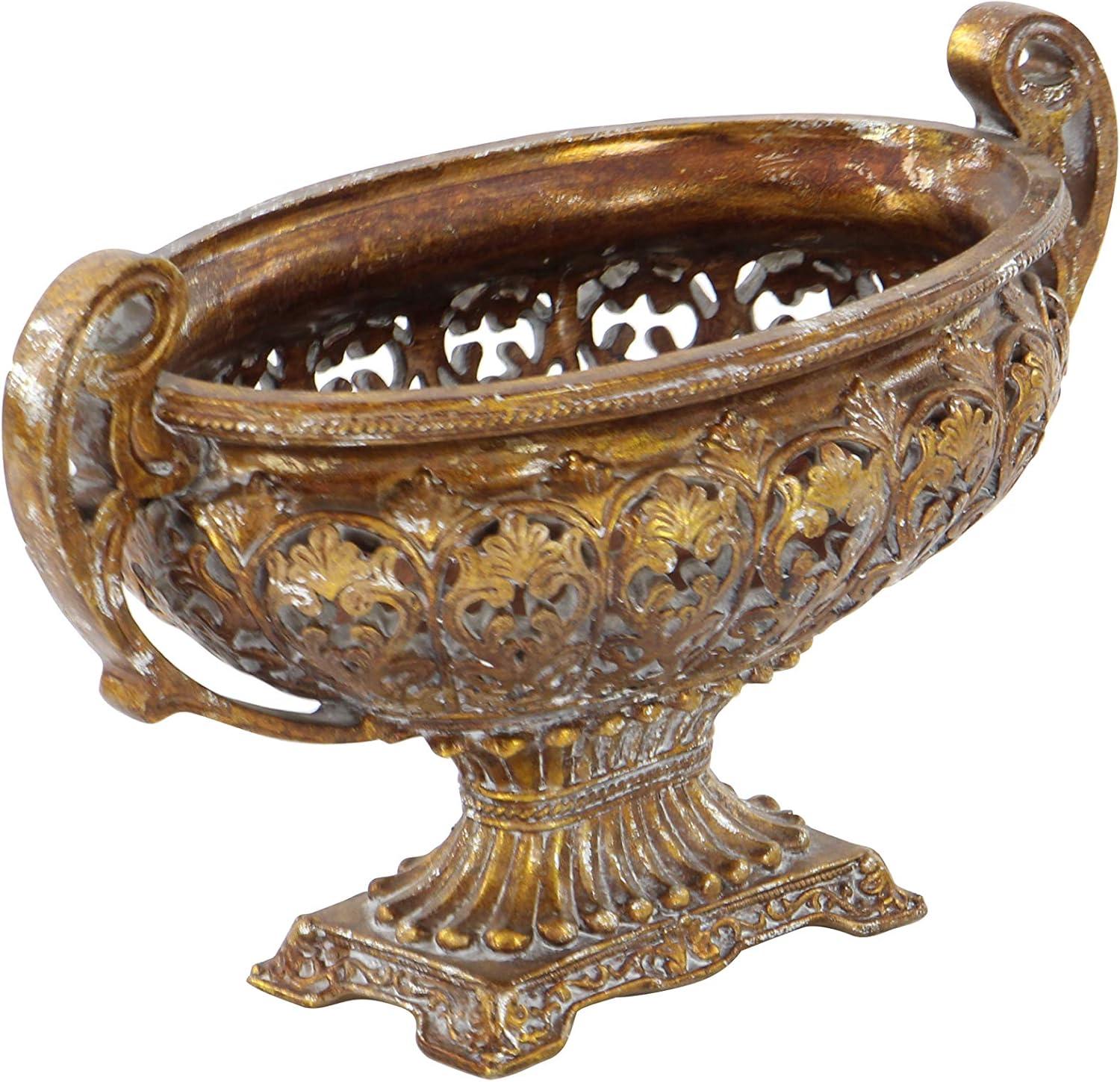 DecMode 10" Round Ornate Gold Polystone Decorative Bowl with Handles