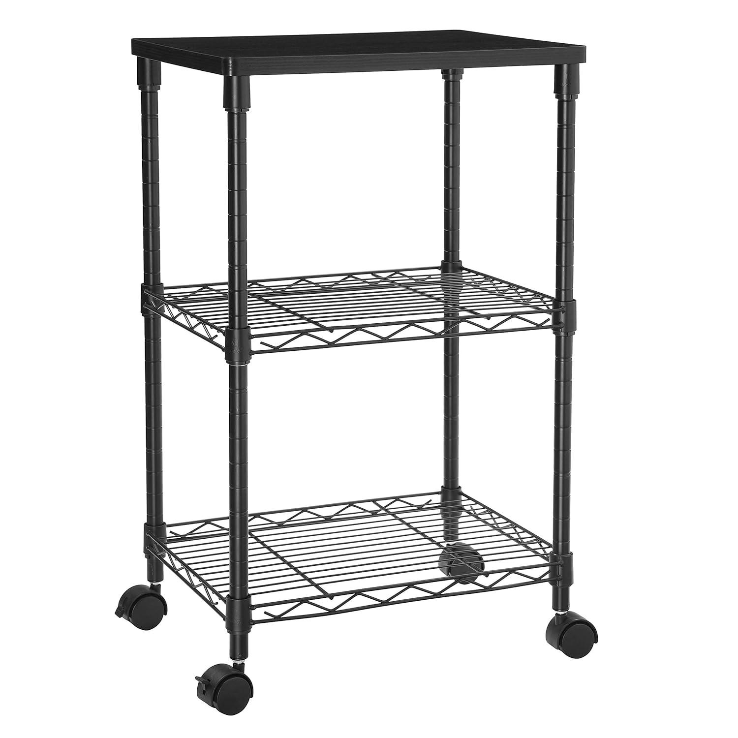 SONGMICS 3 Tier Wide Printer Stand with Wheels, Rolling Printer Table Cart with Metal Storage Shelf, for Home and Office, 16.1 x 12.2 x 26.8 Inches, Black ULGR303B01