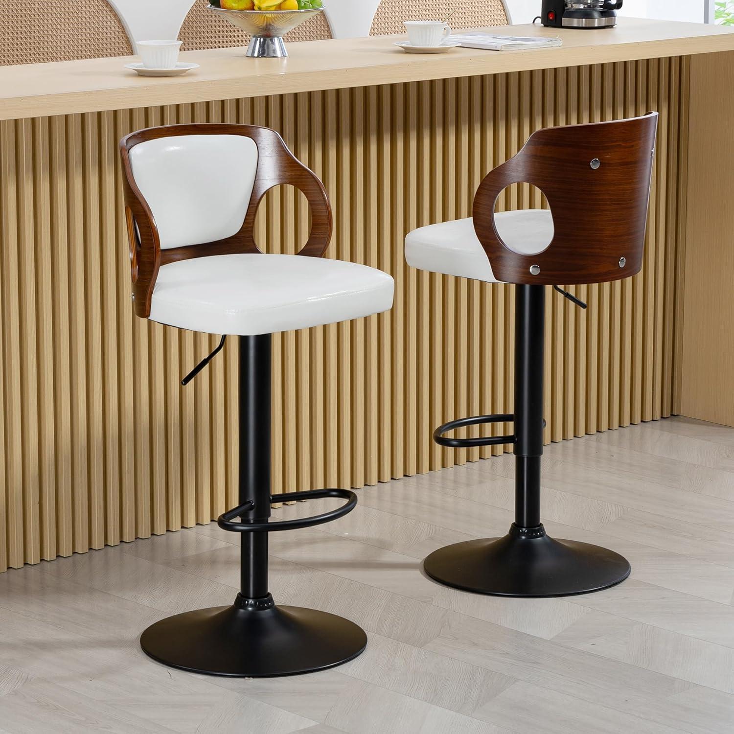 ECOTOUGE Swivel Bar Stools Set of 2, Height Adjustable Island Stools with Bentwood Back, Faux Leather Counter Height Bar Stools for Kitchen, Pub and Cafe, White