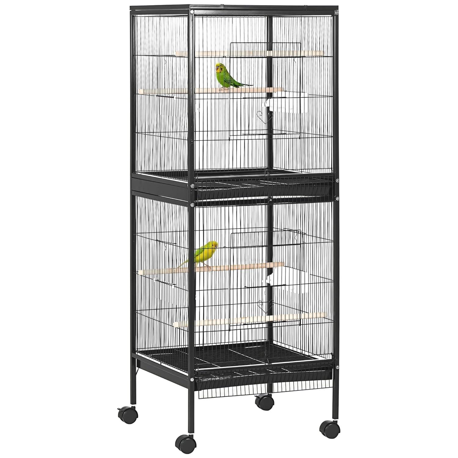 PawHut 55" 2 In 1 Bird Cage Aviary Parakeet House for finches, budgies with Wheels, Slide-out Trays, Wood Perch, Food Containers, Black