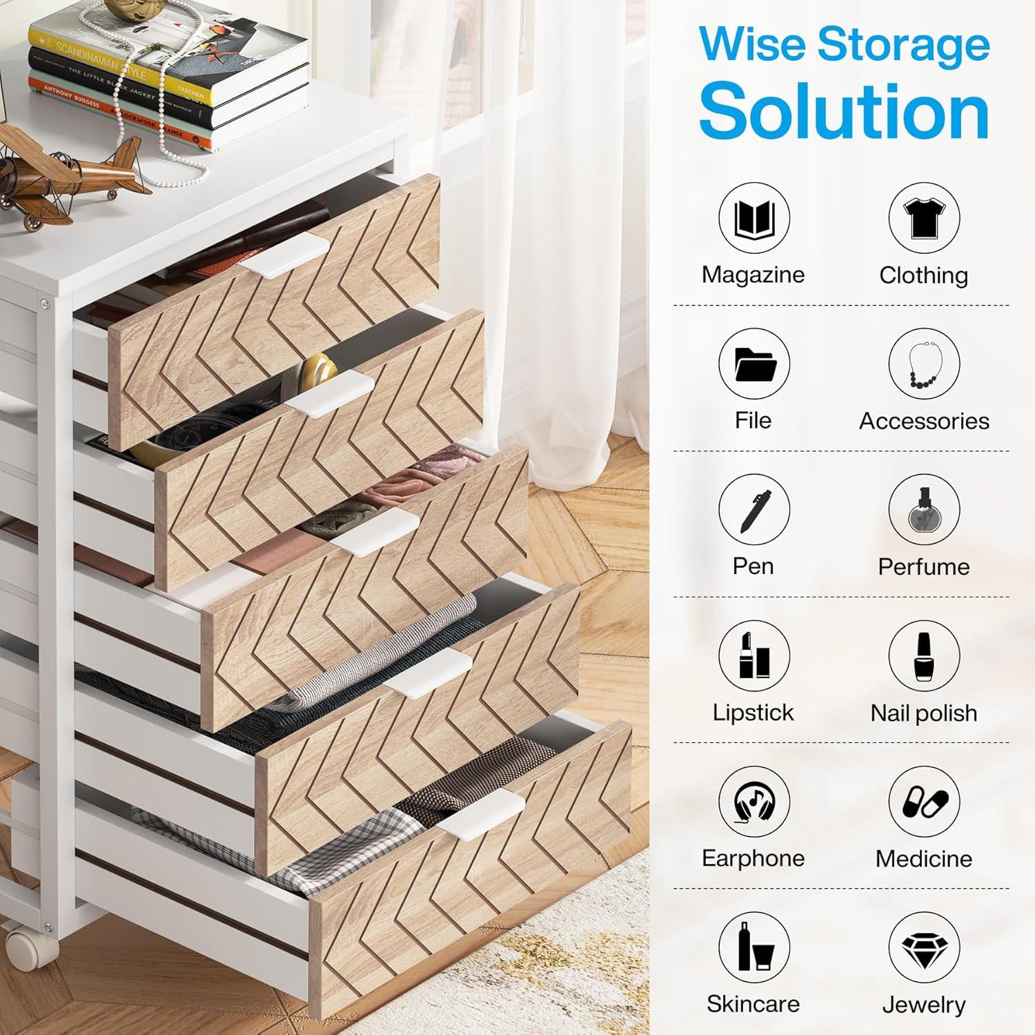 Tribesigns 5 Drawer Chest, Wood Storage Dresser Cabinet with Wheels, Industrial Storage Drawer Organizer Cart for Office Bedroom Entryway, White