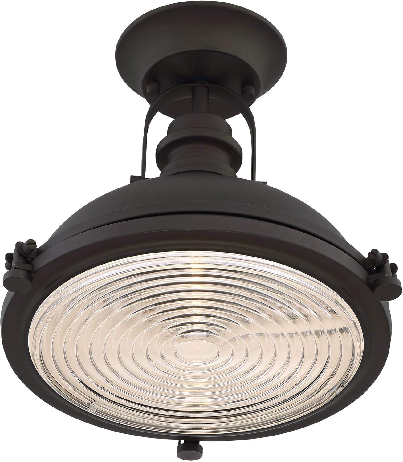 Bronze Dome 14" Industrial Semi-Flush Mount with Clear Ribbed Glass