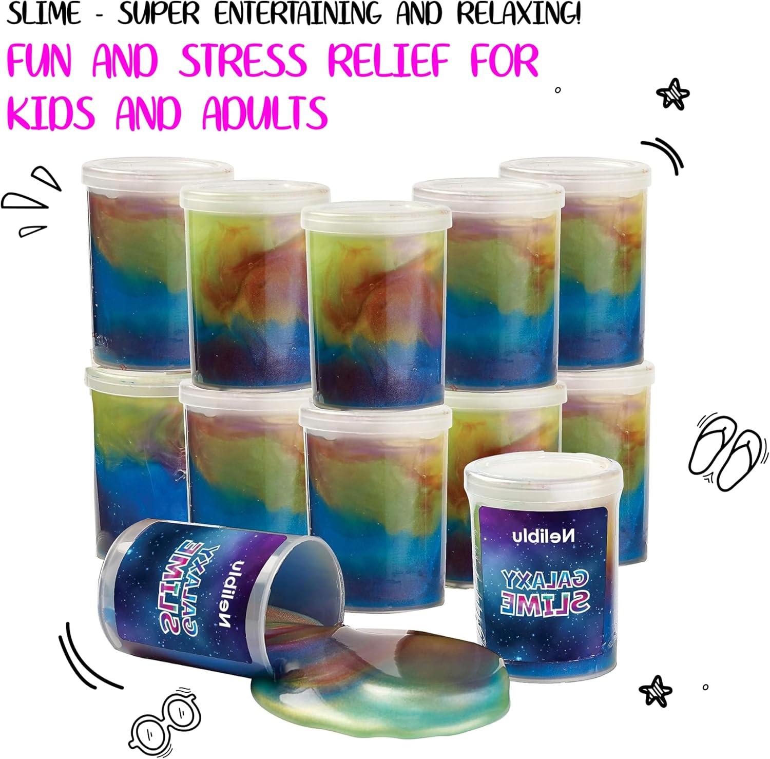 Neliblu Galaxy Slime Kit - 12 Pack of Assorted Unicorn Party Favors, Stress Relief Toys for Kids, DIY Decoration