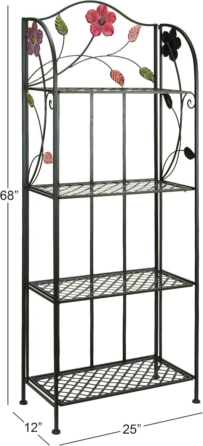 Black Metal Floral Four-Tier Foldable Baker's Rack