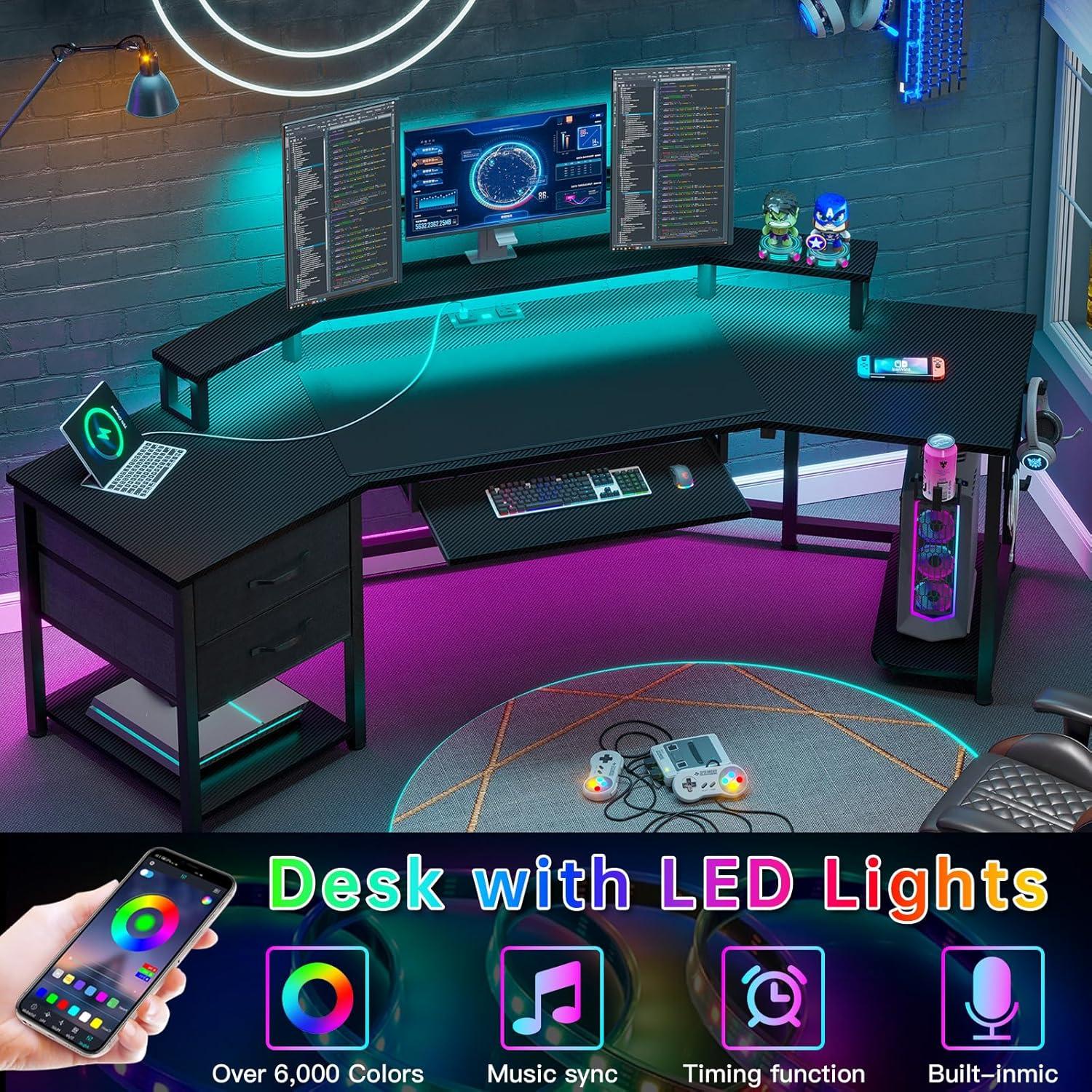 79" Gaming Desk, Computer Desk with 2 Fabric Drawers & LED Light, L Shaped Gaming Desk with Storage Shelf for Home Office, Carbon Fiber Black