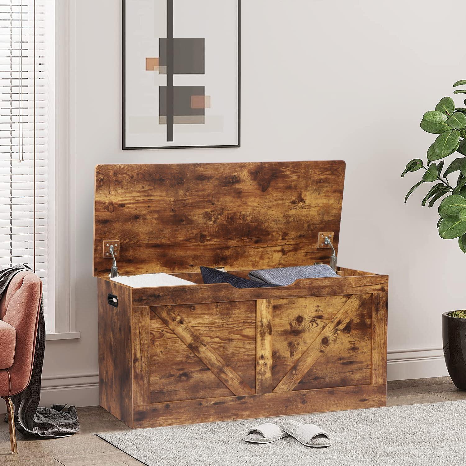 39.4" Storage Chest, Wooden Storage Bench, Large Storage Trunk with 2 Safety Hinges, Entryway Shoes Bench for Living Room, Bedroom, Rustic Brown