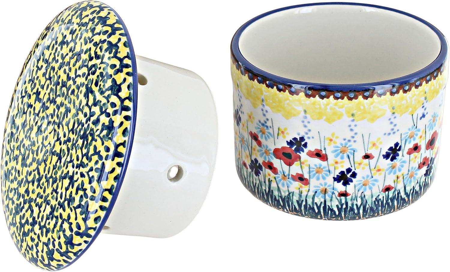 Blue Rose Polish Pottery Prairie Garden French Butter Dish