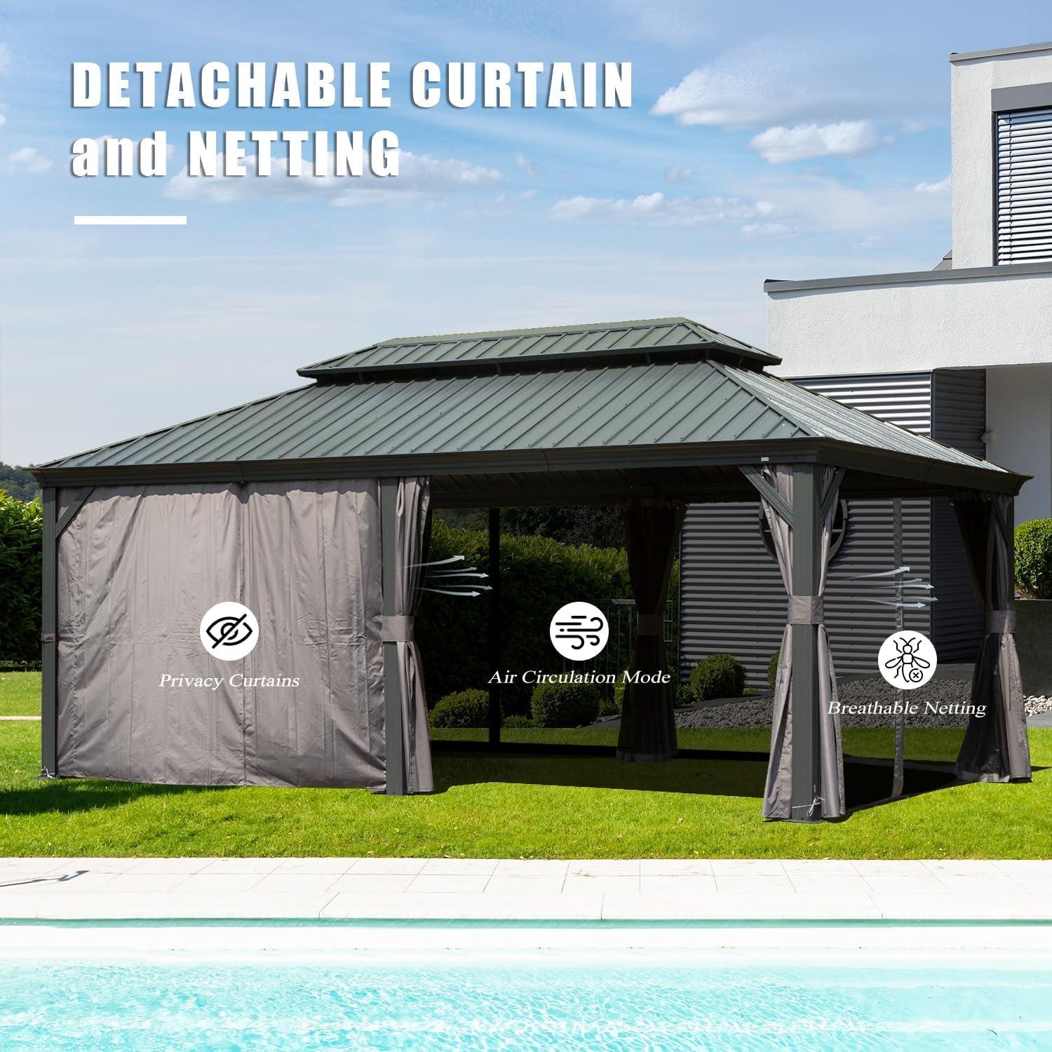 Domi 14'x20' Hardtop Gazebo Canopy,Outdoor Aluminum Gazebo with Galvanized Steel Double Roof,Large Permanent Gazebo Pavilion for Patio Deck Backyard,Curtain and Netting,Grey