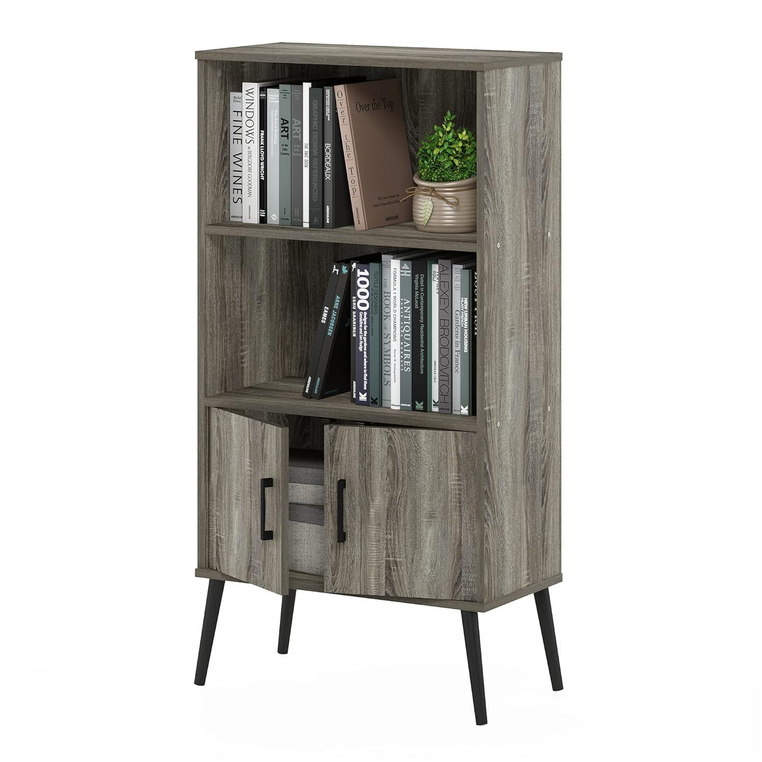 Furinno Claude Mid Century Style Accent Cabinet with Wood Legs, French Oak Grey