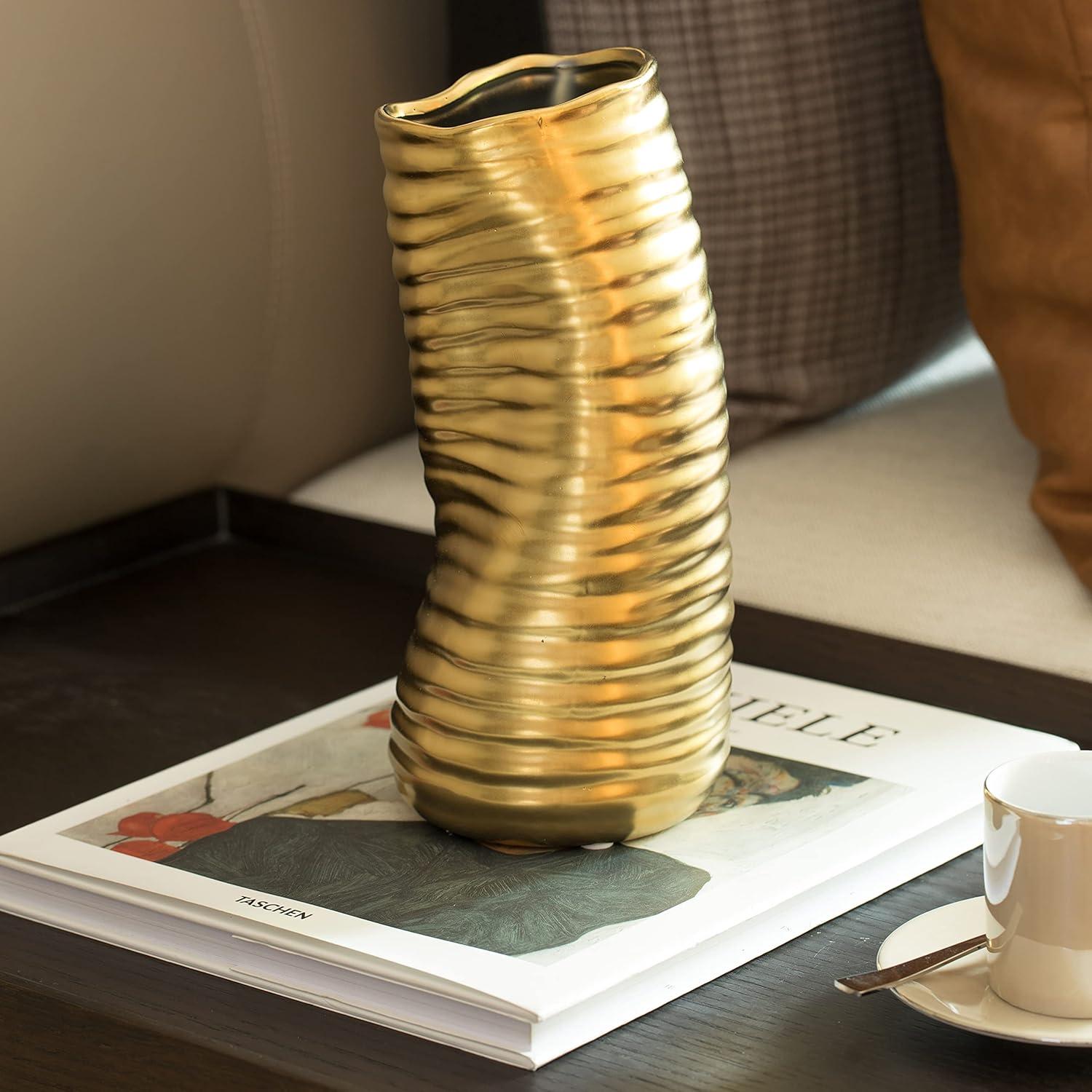 Mercer41 Baftjar 9-Inch Tall Ceramic Bent Melted Modern Style Sculpture Table Centerpiece Flower Vase, a Unique and Decorative Vase in an Elegant Gold Finish, Perfect for Adding Sophistication to Home or Office Décor