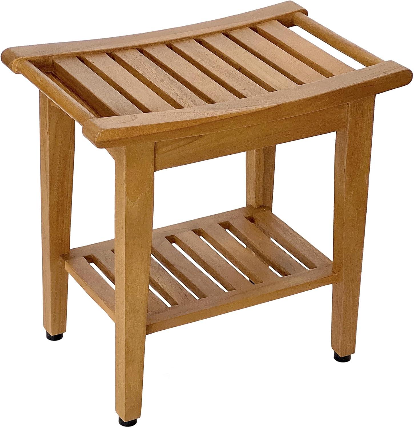 Solid Teak Indoor Outdoor Spa Stool with Bottom Shelf