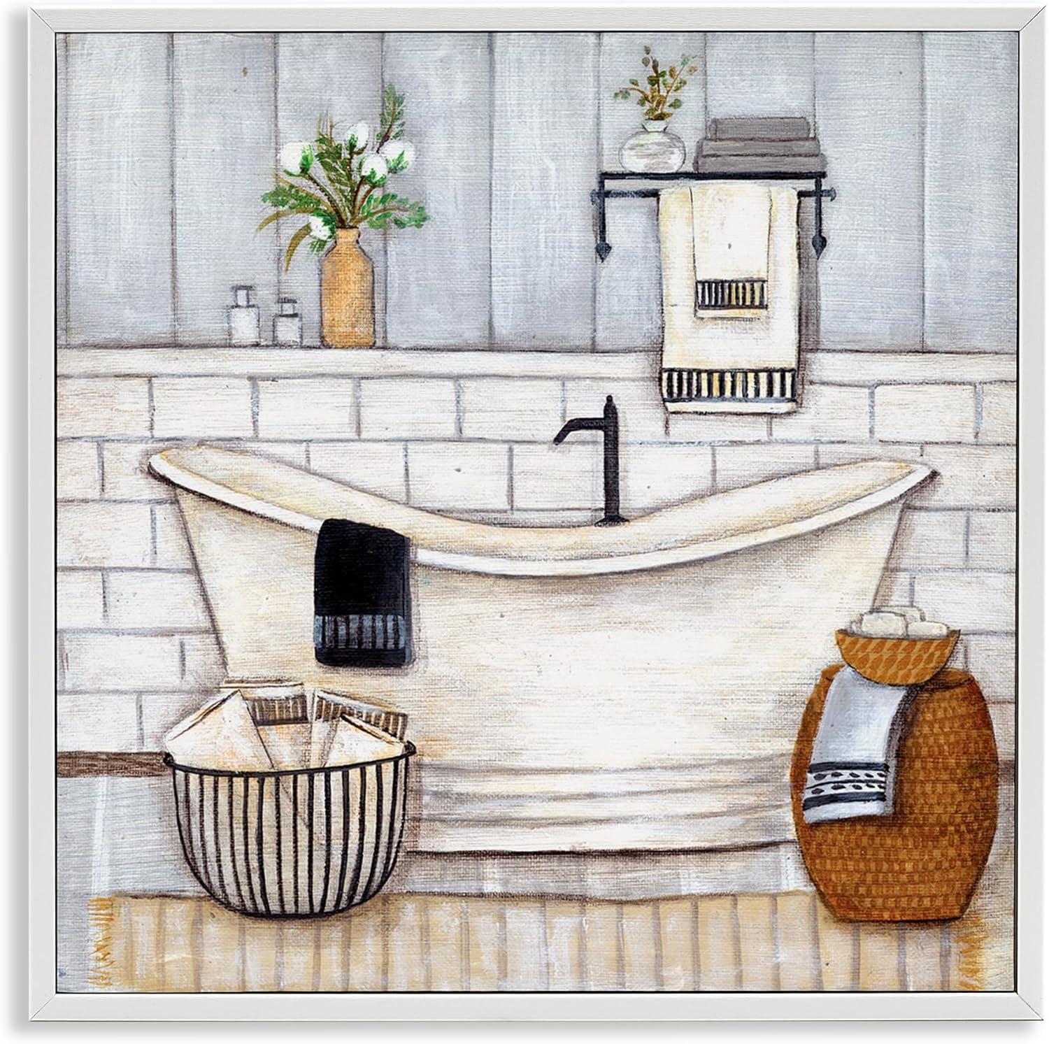 Stupell Industries Bathroom Farmhouse Style Tub Neutral Grey Drawing, 24 x 24,Design by Yellow Café