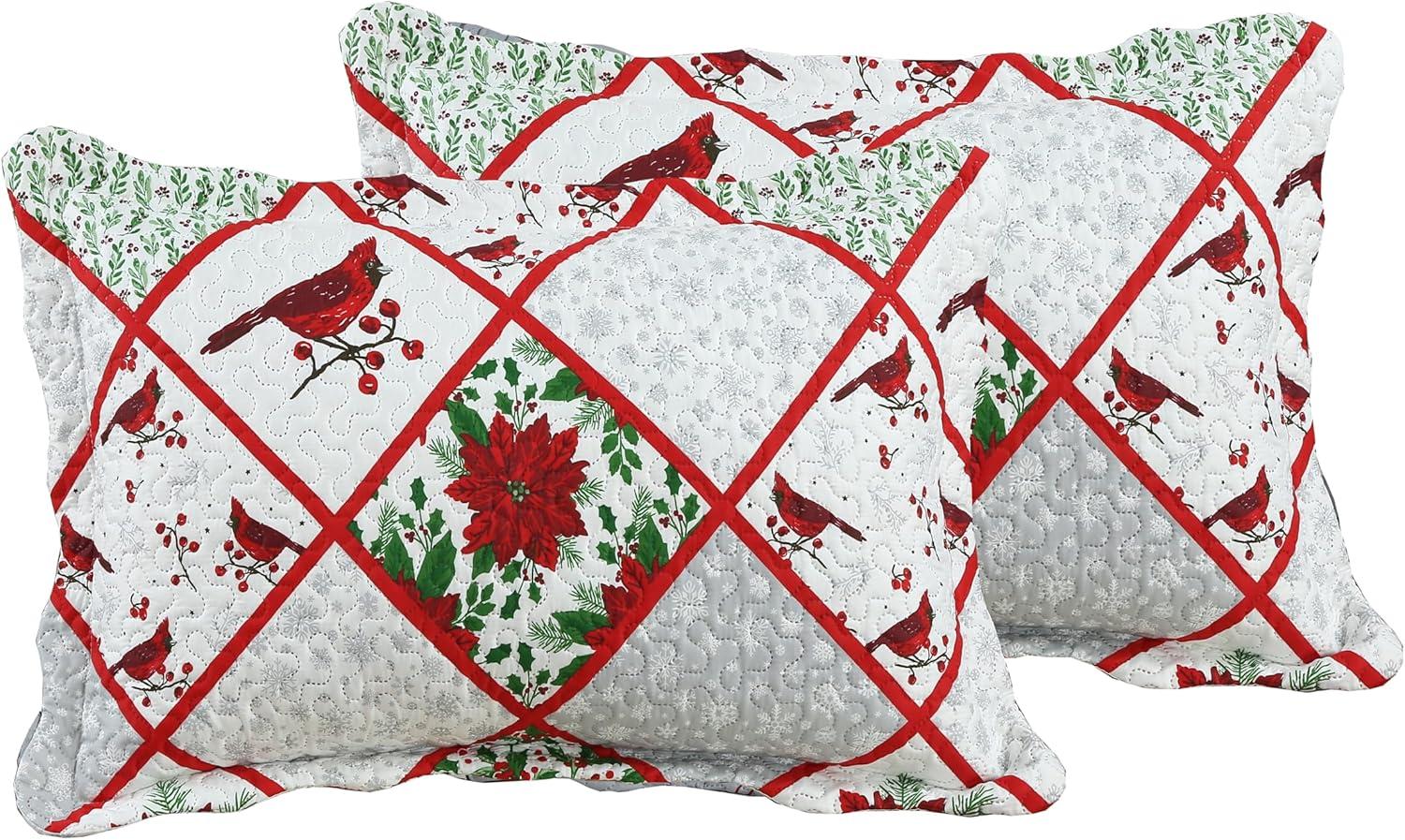 Printed Embossed Pinsonic Bedspread Soft Bedding Christmas Quilt Set, Red Cardinal Poinsettia