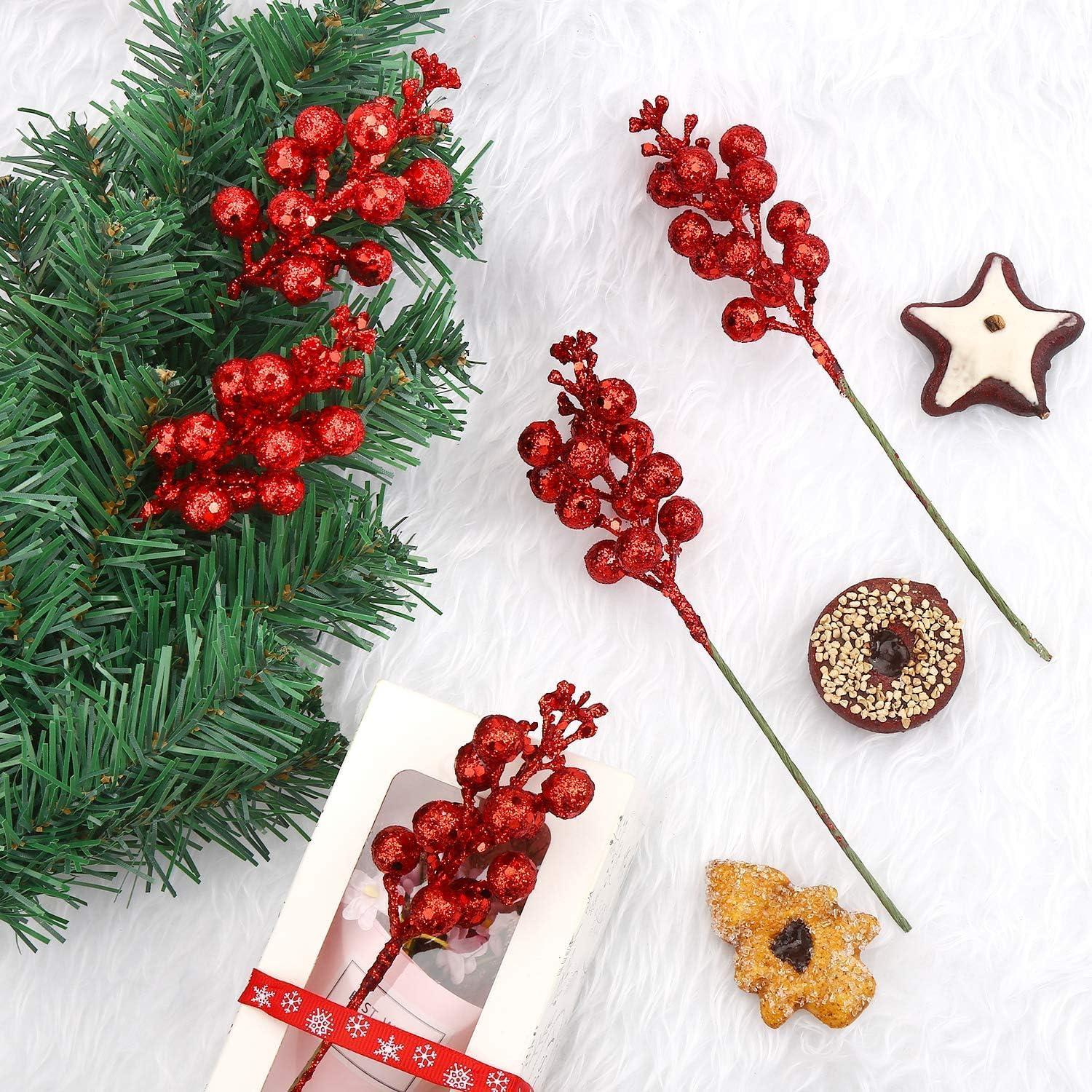 20 Pcs Artificial Glitter Berry Stems, 7.8 Inch Glitter Christmas Tree Picks for Christmas Tree Ornaments,DIY Xmas Wreath, Xmas Party Home Decorations