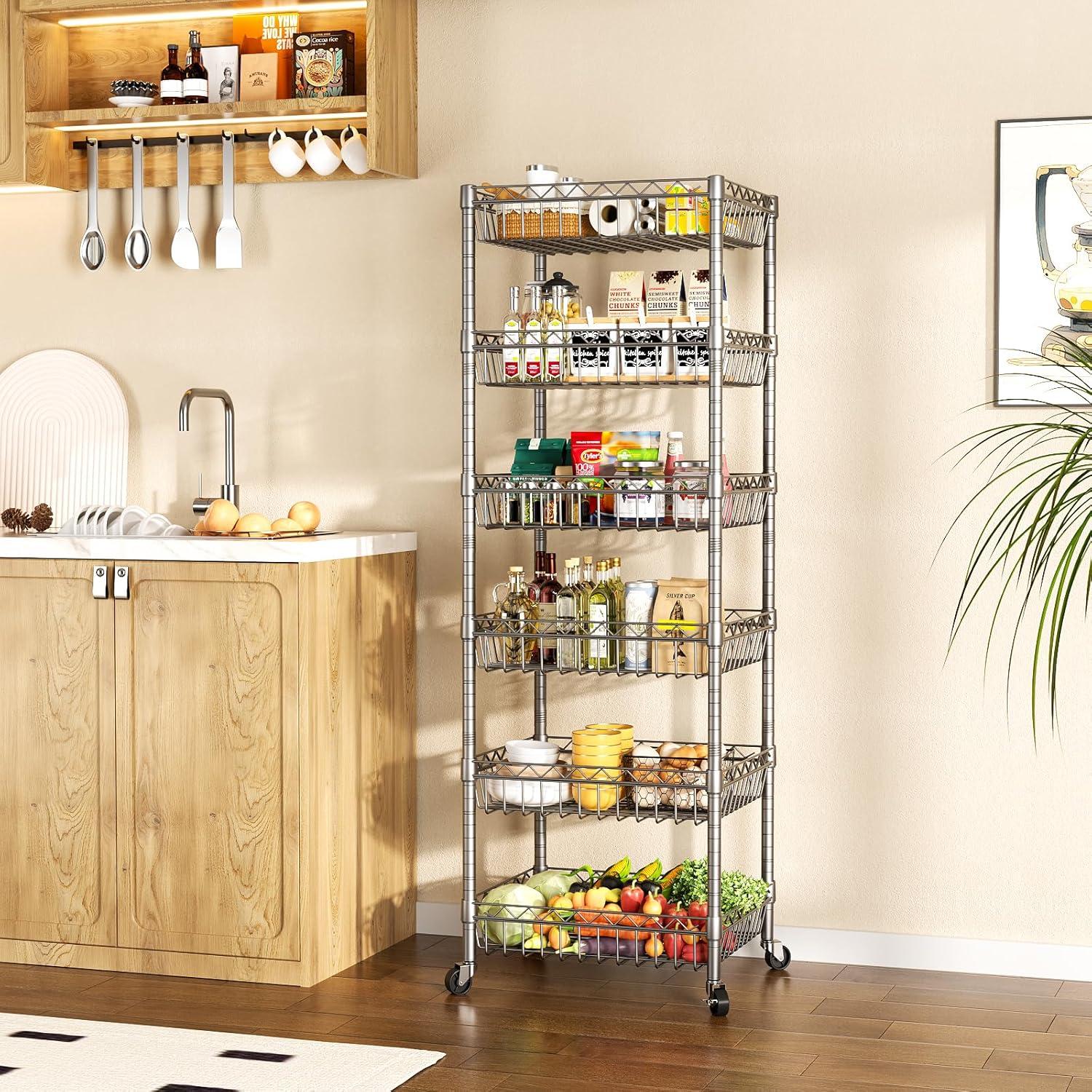 SINGAYE 6 Tier Shelf Adjustable Storage Shelves Rack Standing Units with Wheels Closet Wire Shelving Organizers Metal Pantry Kitchen Laundry Room 13.5" D x 13.5" W x 63" H Silver