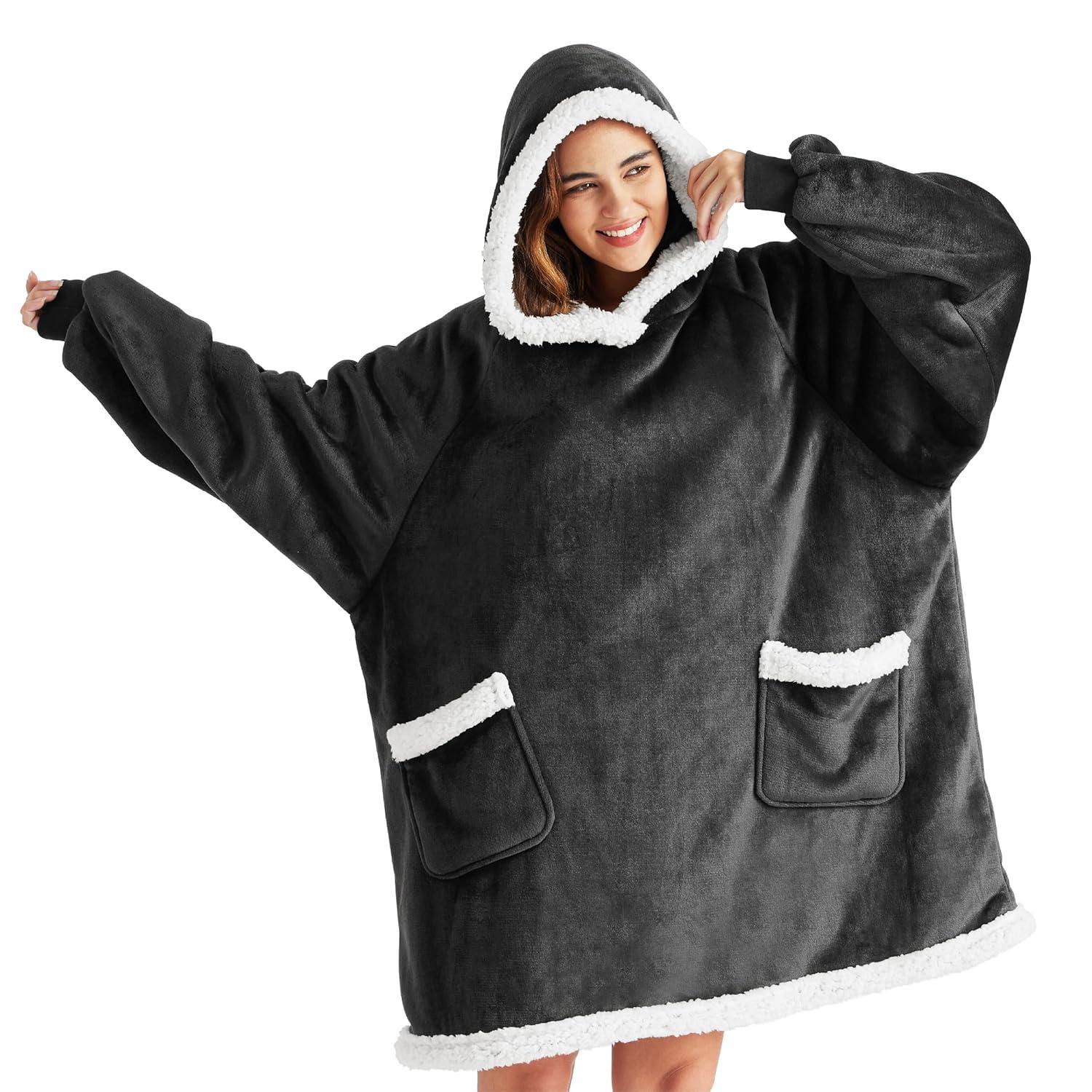 Bedsure Blanket Hoodie, Wearable Blanket for Adults & Kids as Gifts for Women Men, Birthday Gifts for Women Mom Girl Sherpa Oversized Hoodie, Black, Standard